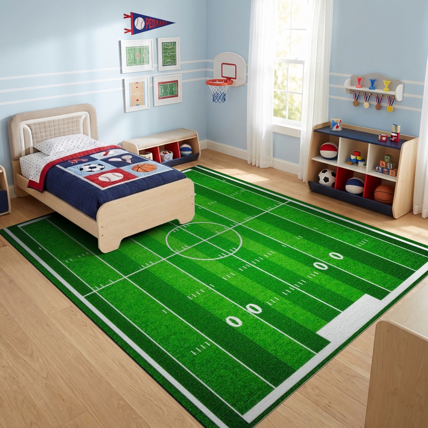 Vibrant Green Football Field Rug