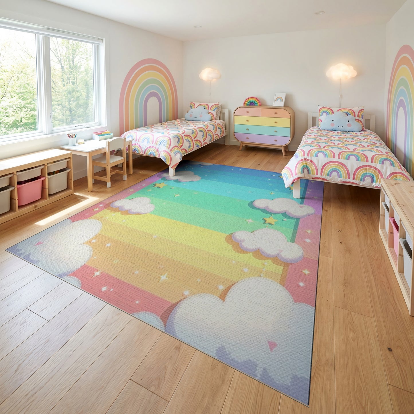 Dreamy Rainbow Fluffy Clouds Stars Rug