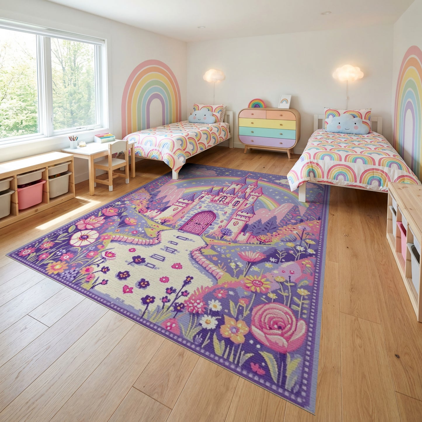 Whimsical Purple Castle Rainbow Rug