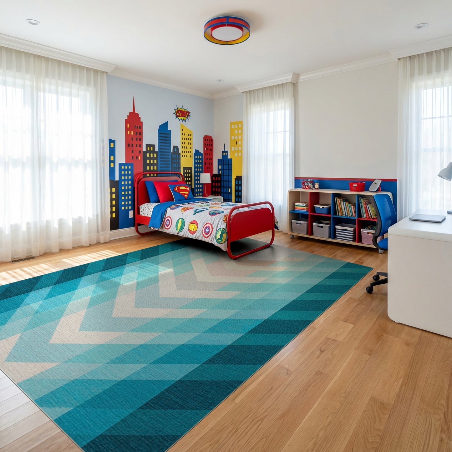 Modern Teal Chevron Gradient Rug