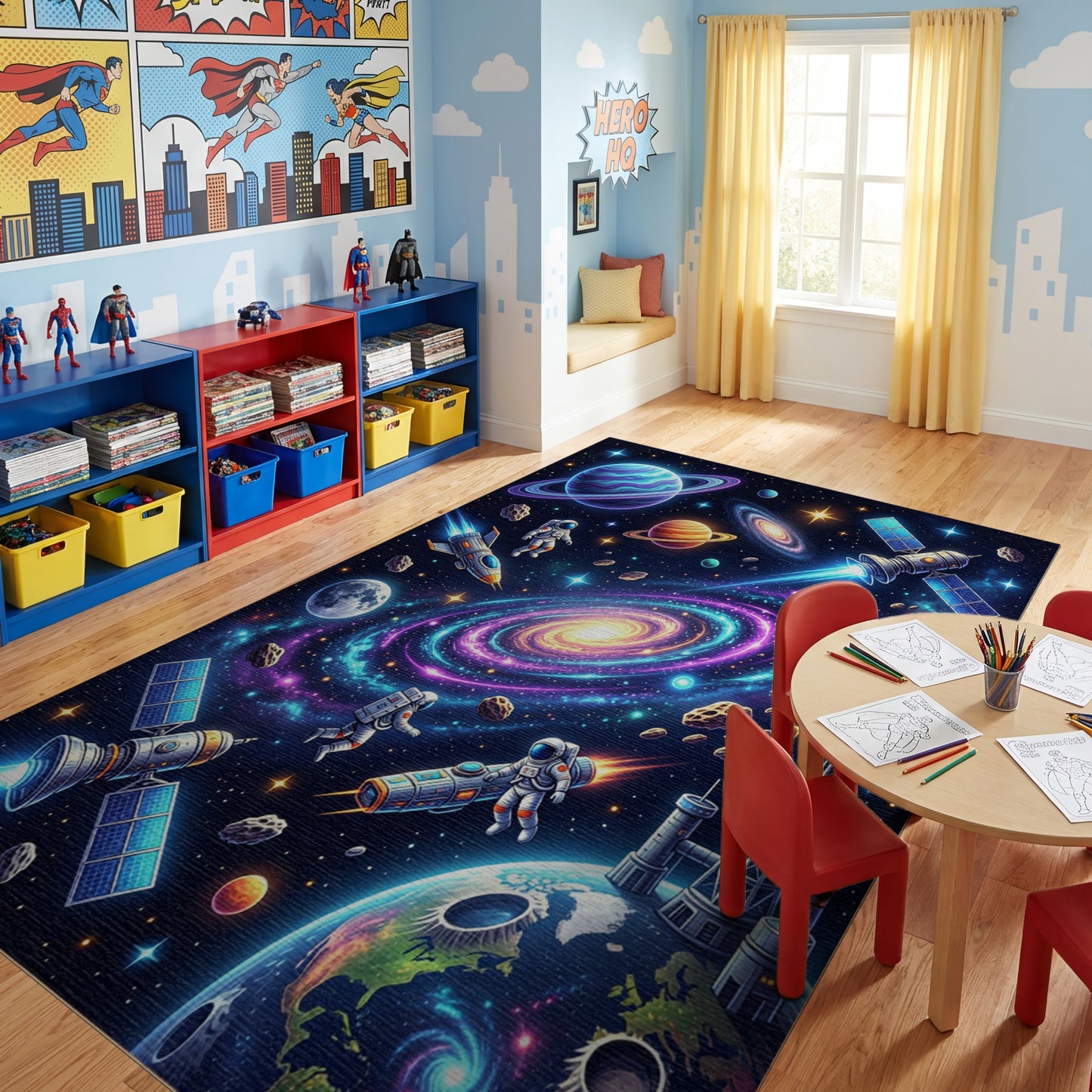 Vibrant Neon Cosmic Galaxy Astronauts Rug