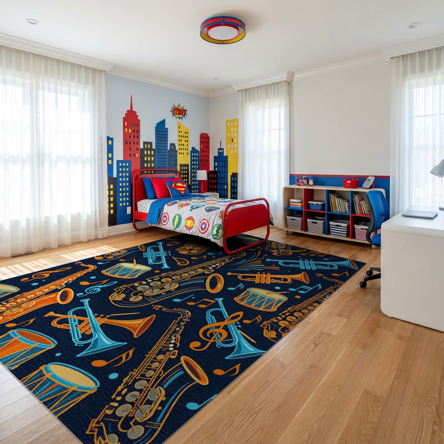 Vibrant Saxophone Trumpet Drum Notes Rug