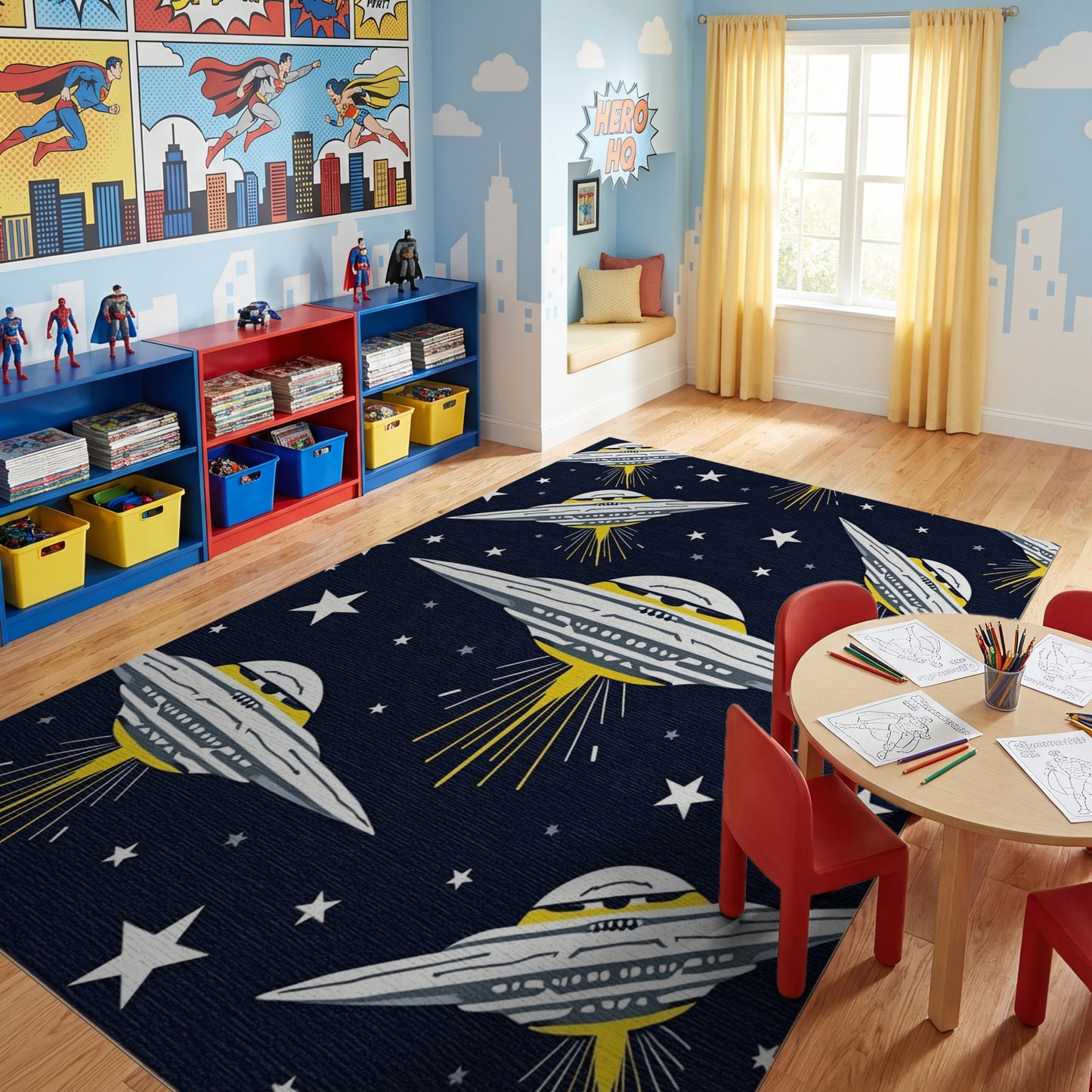 Whimsical Navy UFO Star Trail Rug