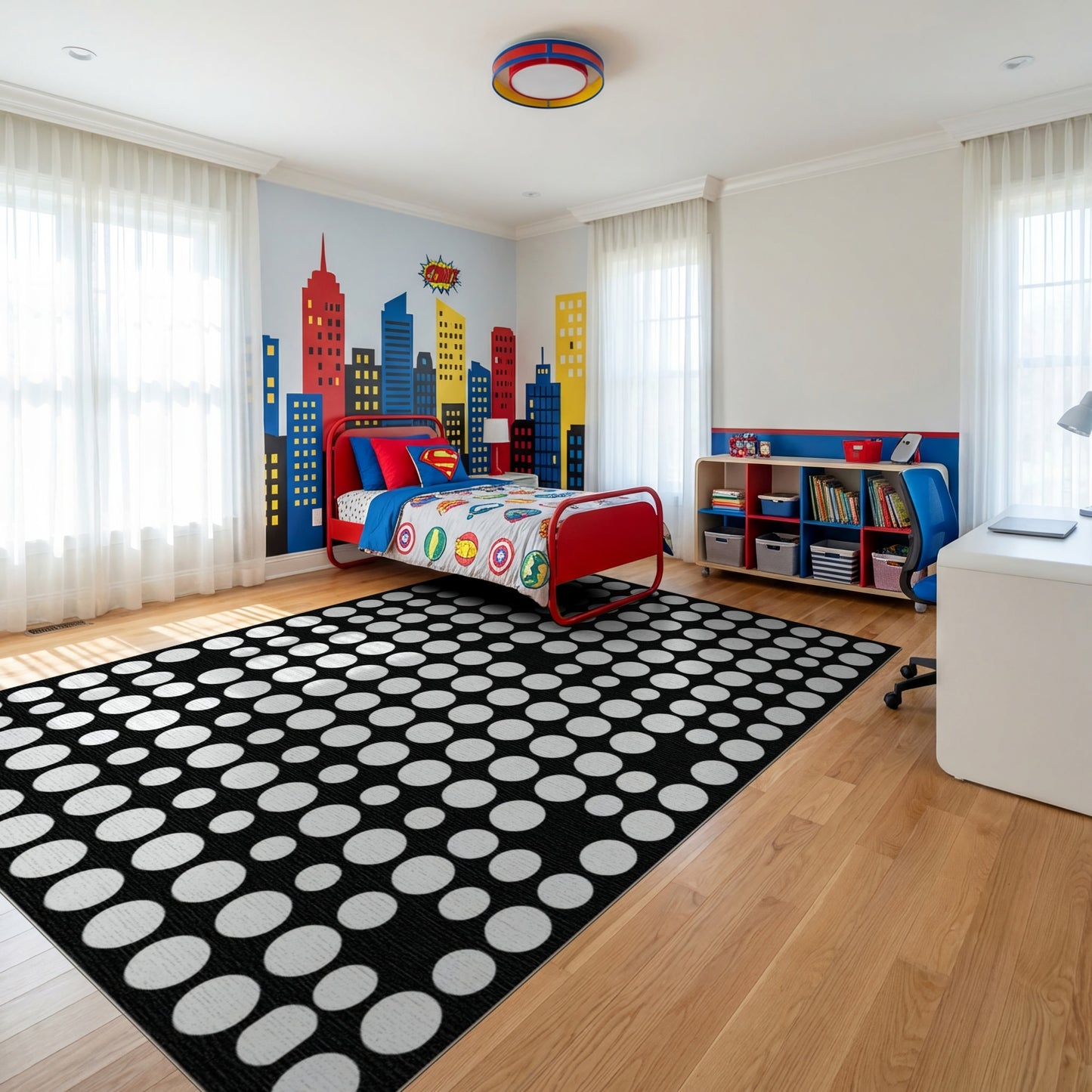 Modern Black White Dot Grid Rug