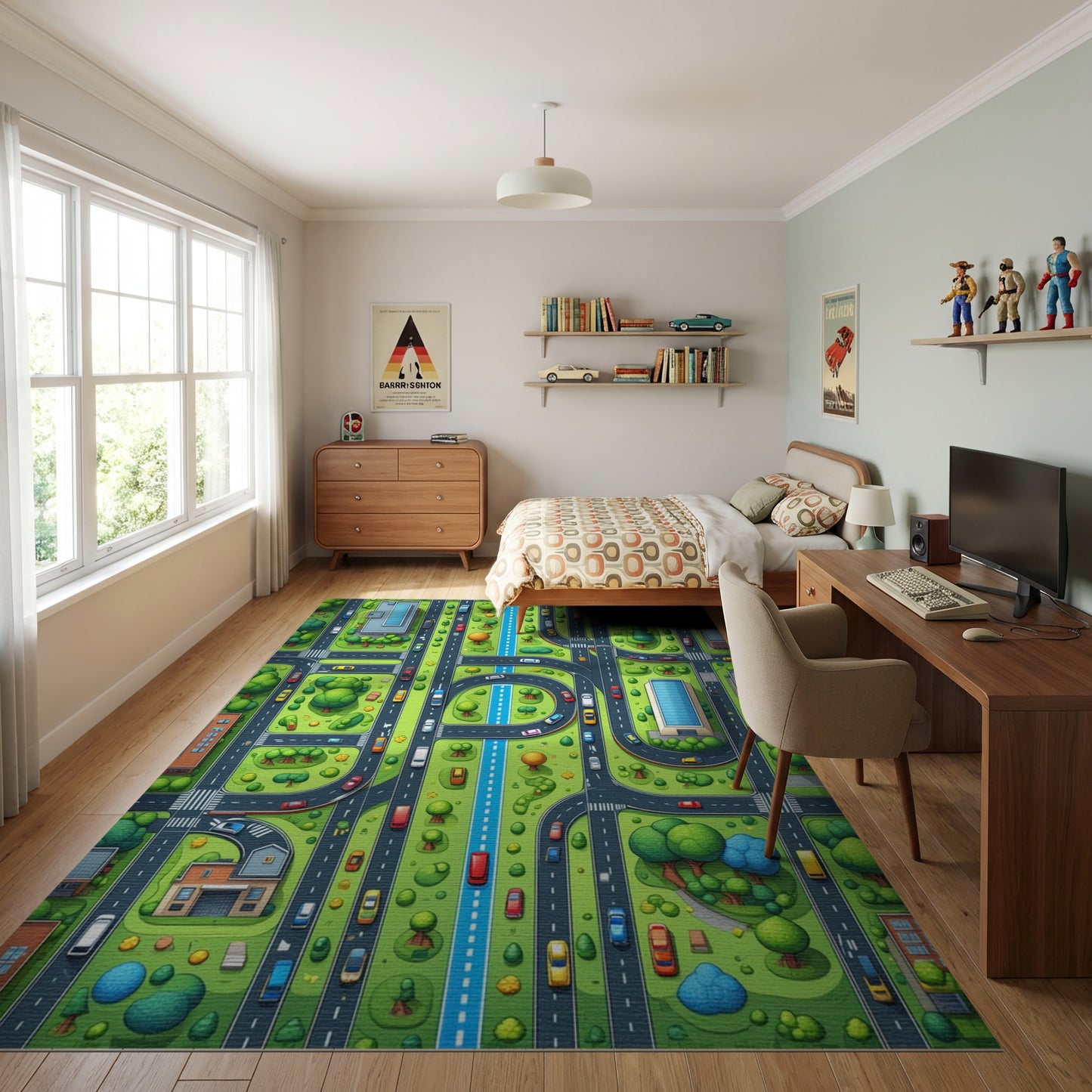 Vibrant Aerial City Grid Trees Rug
