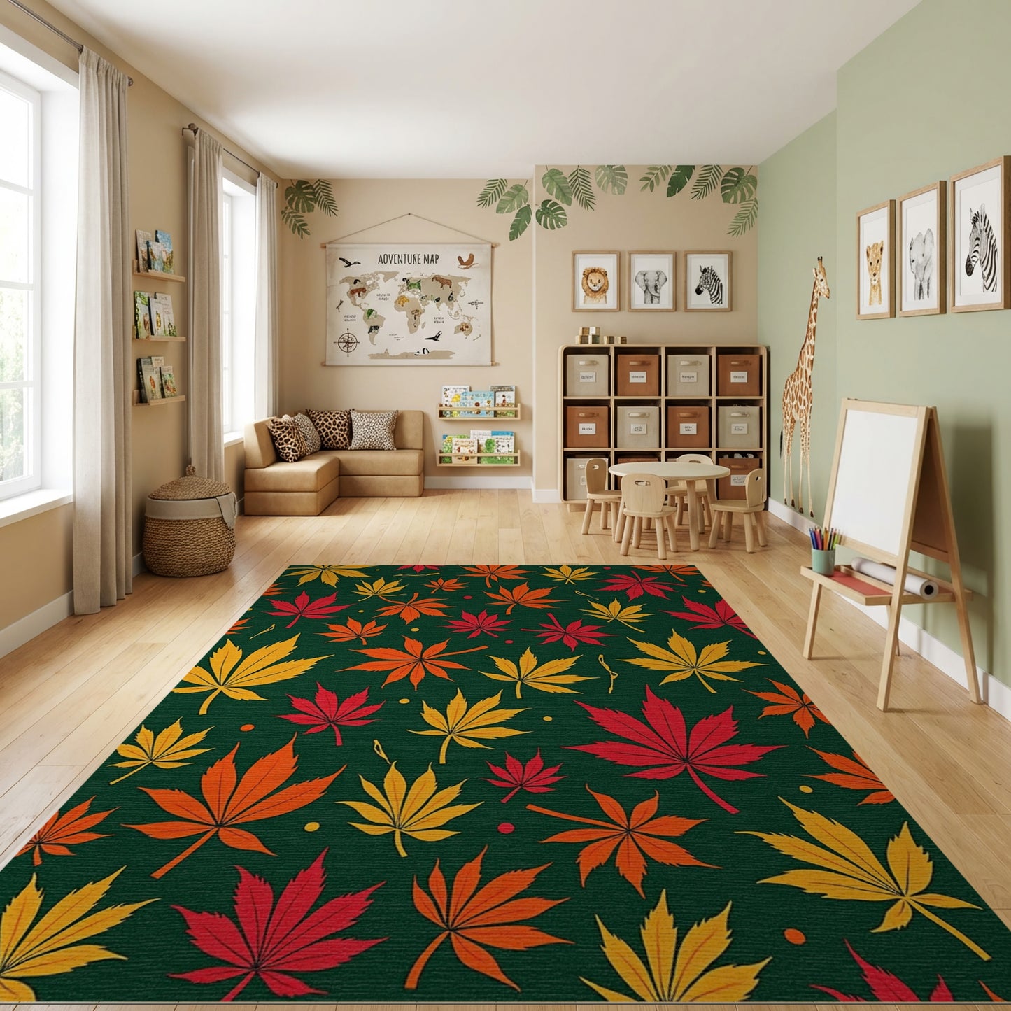 Vibrant Yellow Orange Red Leaves Green Rug