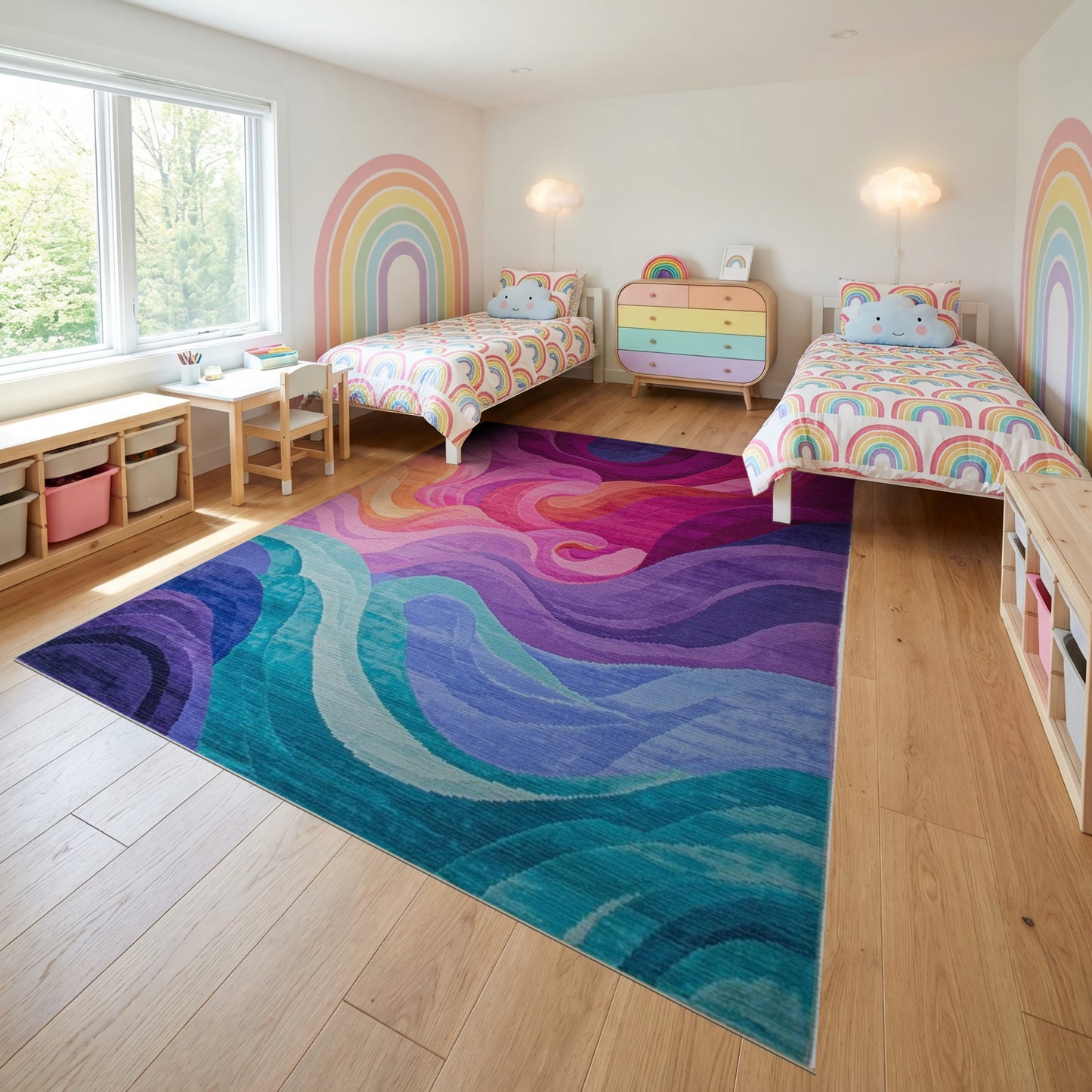 Vibrant Swirling Multicolor Waves Rug