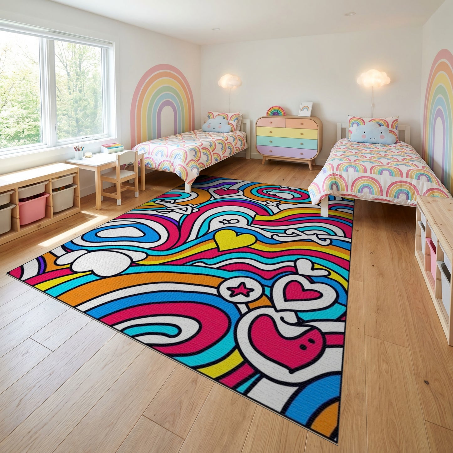 Vibrant Rainbow Wavy Hearts Stars Rug