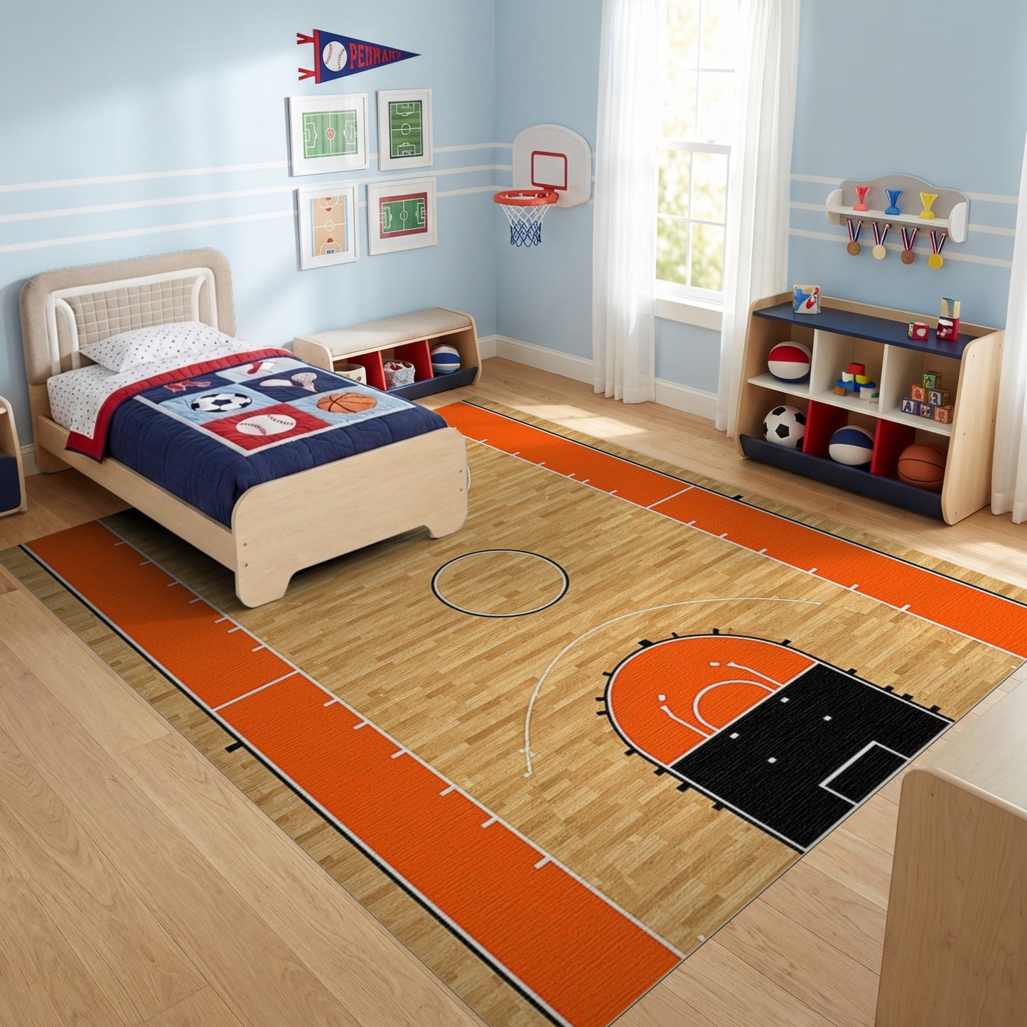 Basketball Court Hardwood Orange Rim Rug
