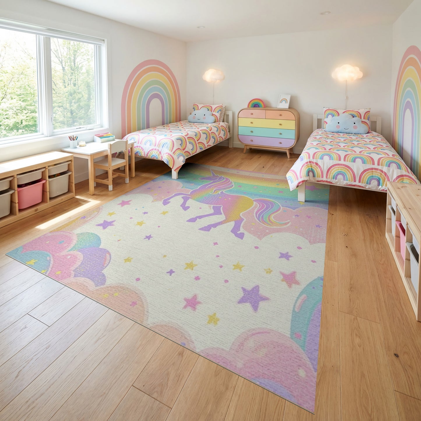 Whimsical Unicorn Rainbow Stars Clouds Rug 2
