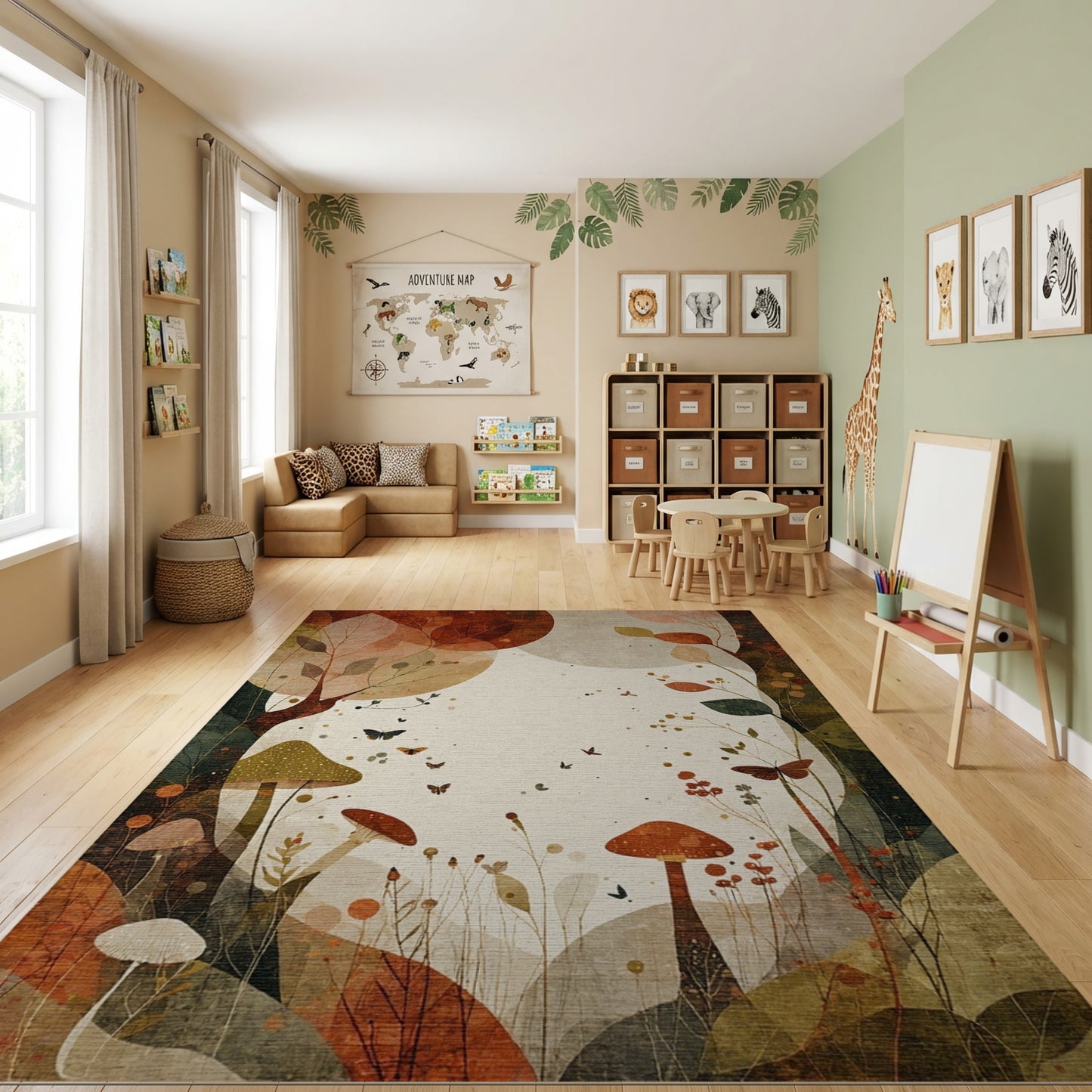 Autumn Whimsical Mushroom Leaves Butterflies Rug