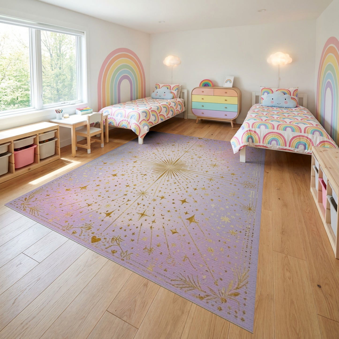 Radiant Golden Starburst Starry Purple Rug