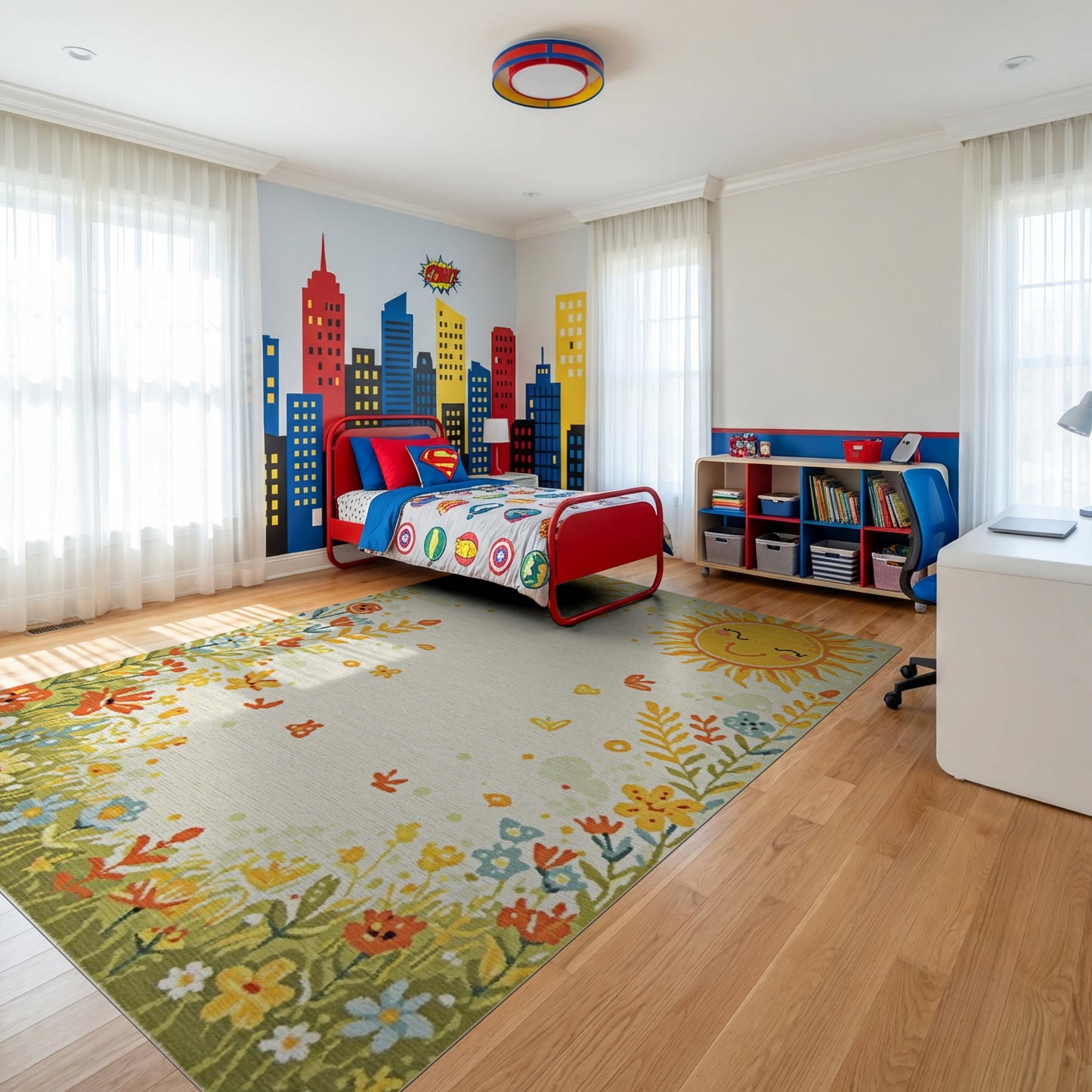 Whimsical Smiling Suns Floral Butterflies Rug