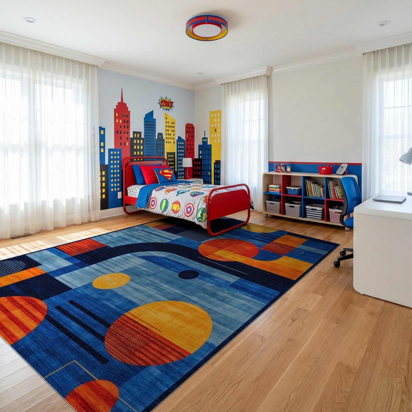 Modern Navy Orange Geometric Circles Rug