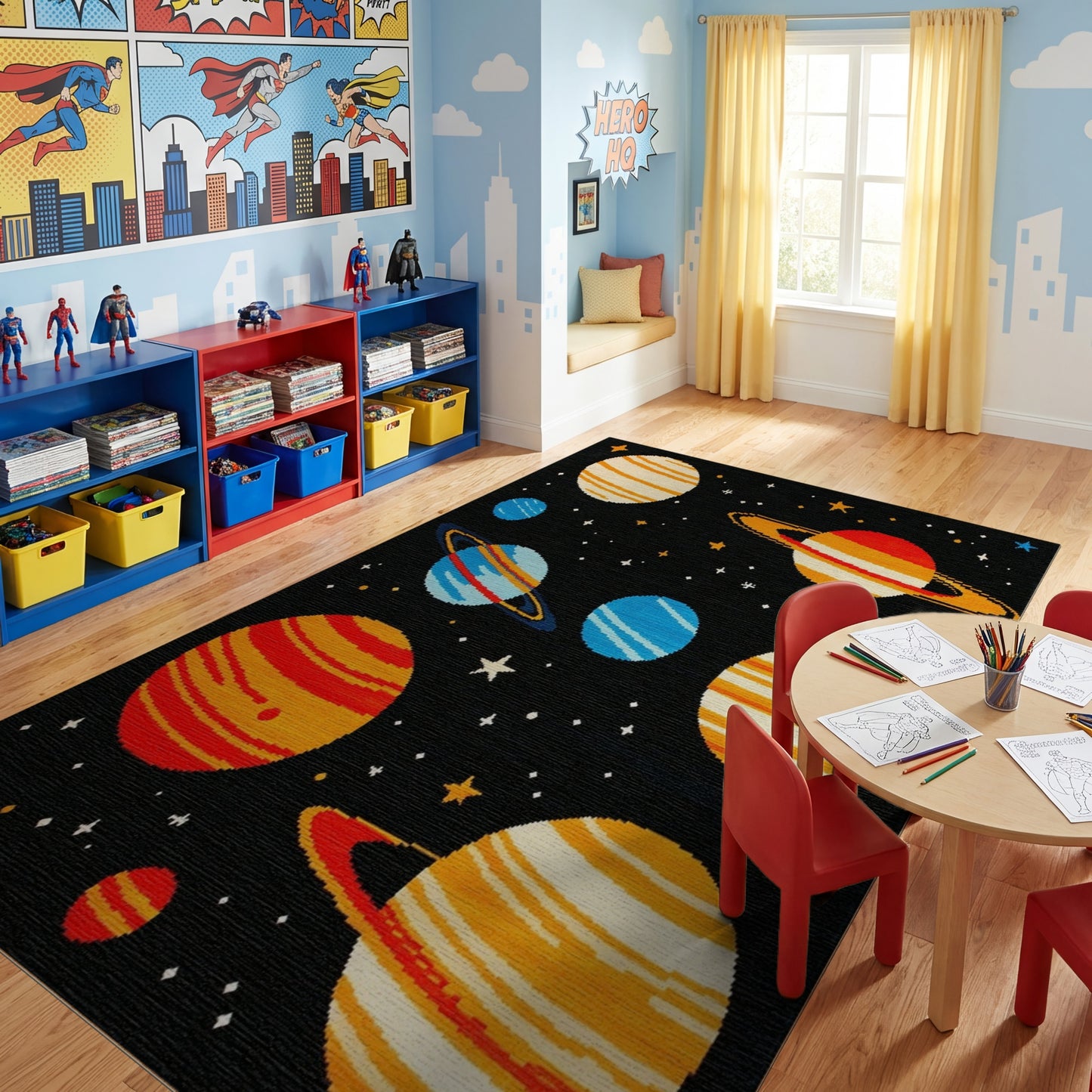 Whimsical Striped Planets Stars Cosmic Rug