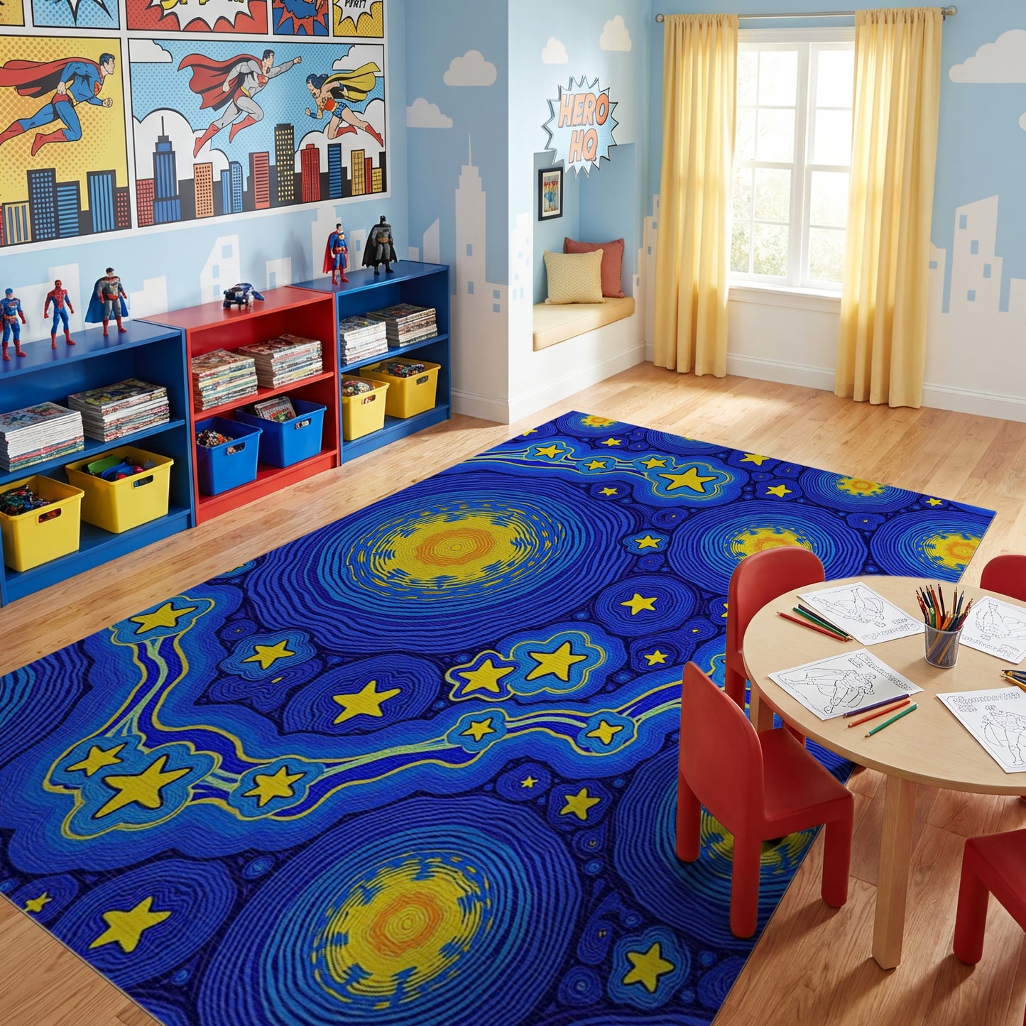Navy Blue Swirling Yellow Stars Circles Rug