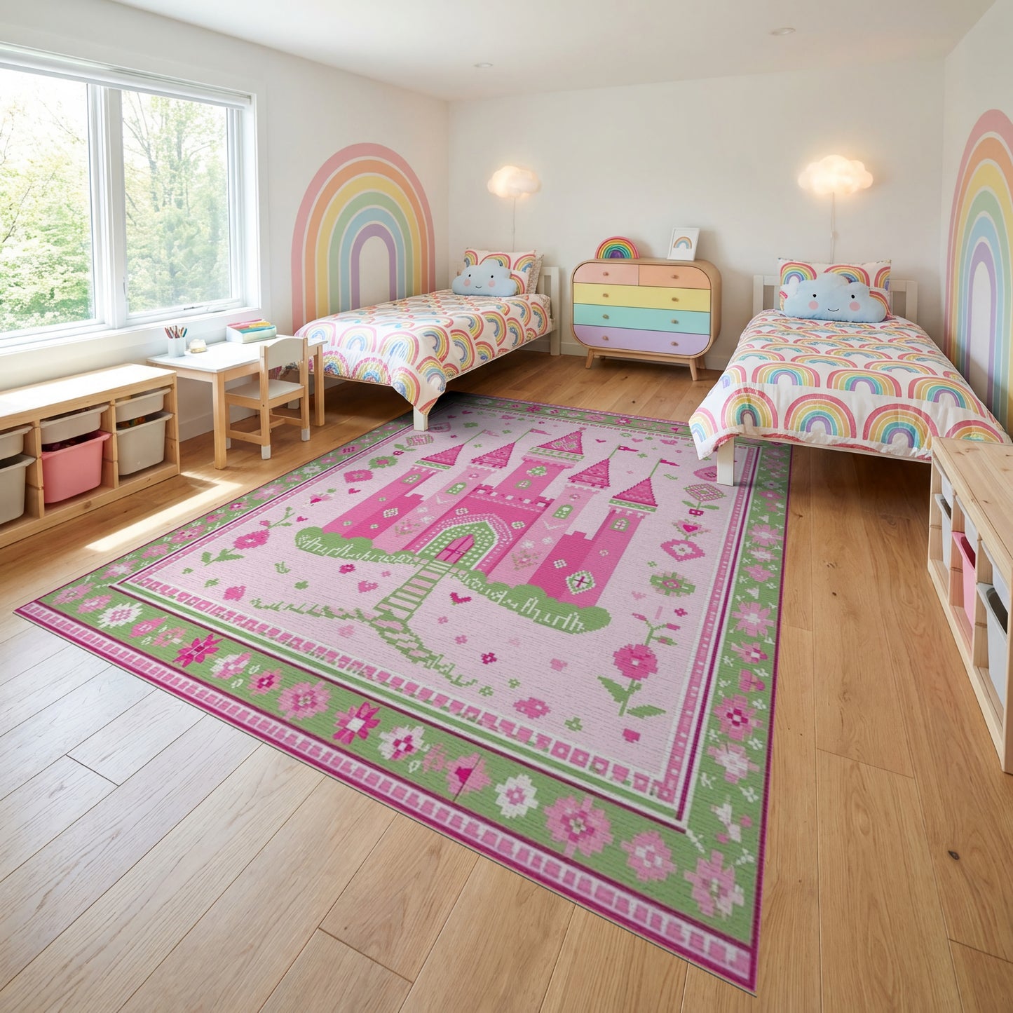 Whimsical Pink Green Castle Floral Rug