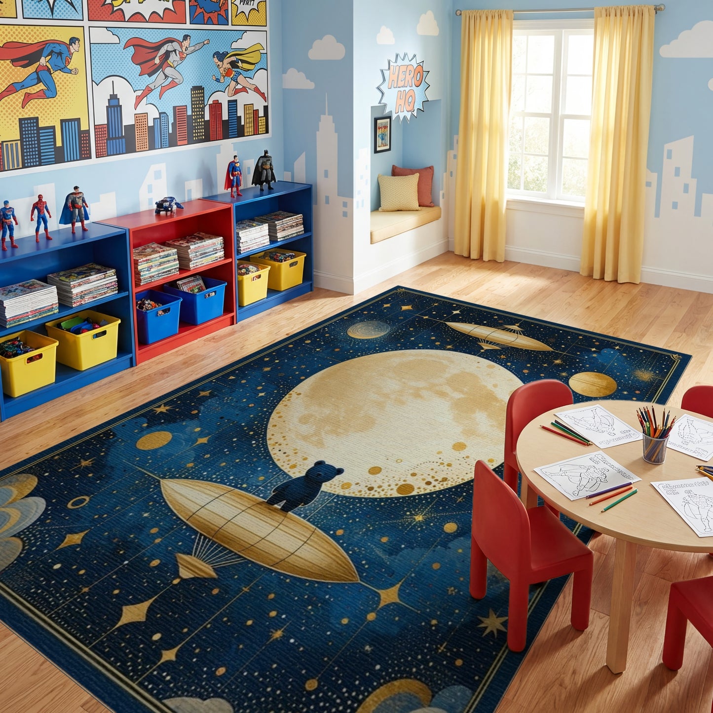 Navy Starry Golden Moon Bear Airship Rug