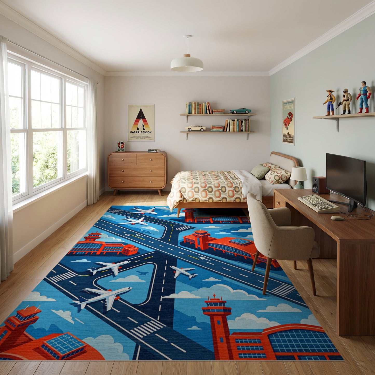 Modern Isometric Airport Planes Runways Rug