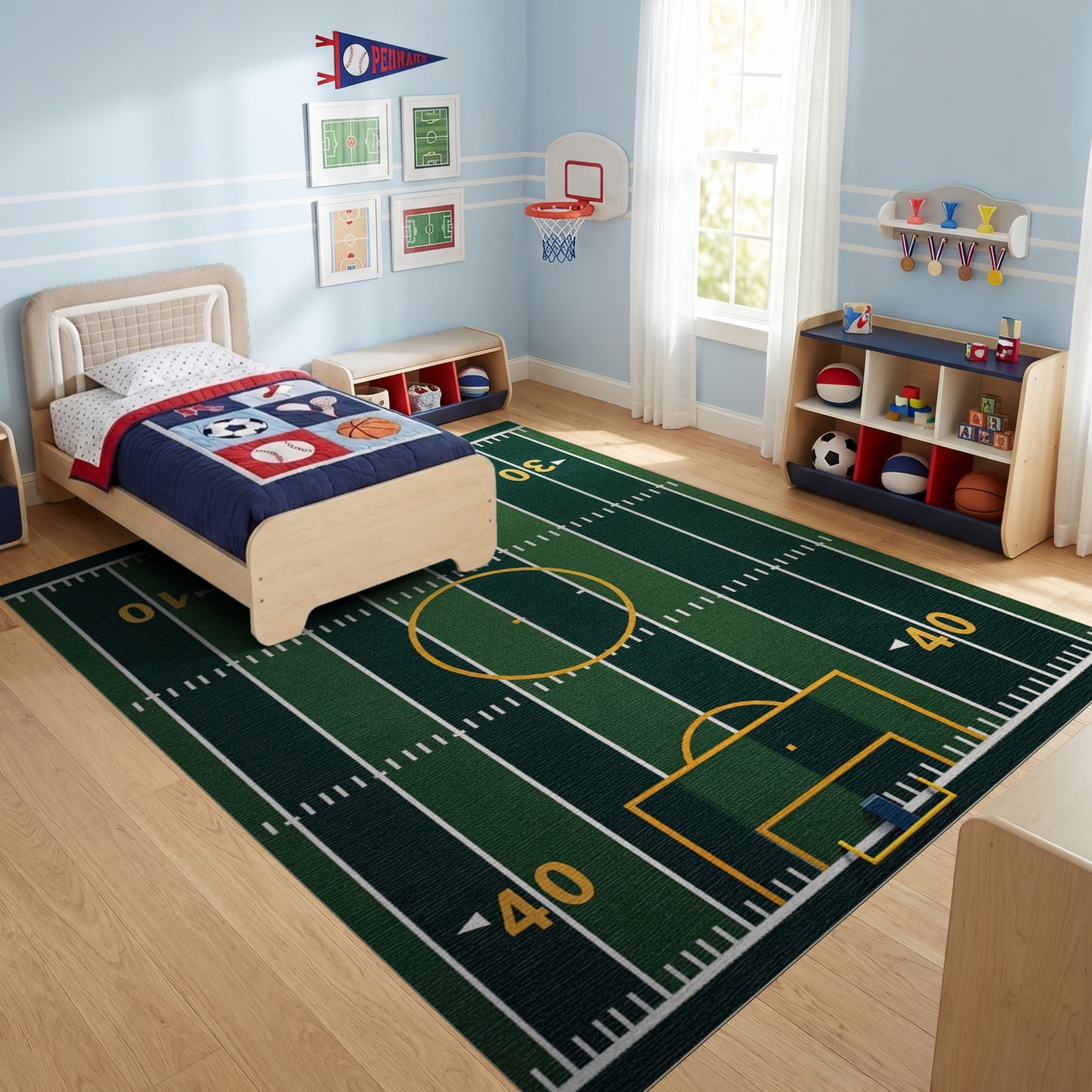 Green Turf Soccer Field Lines Rug