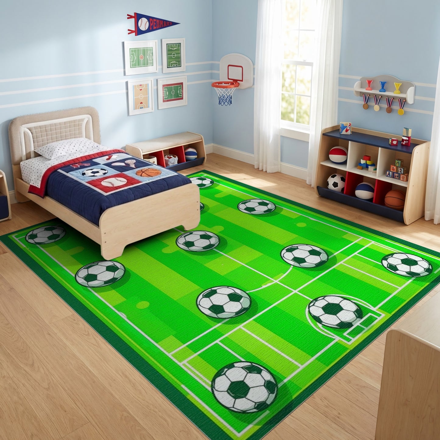 Striped Green Soccer Field Balls Rug 2
