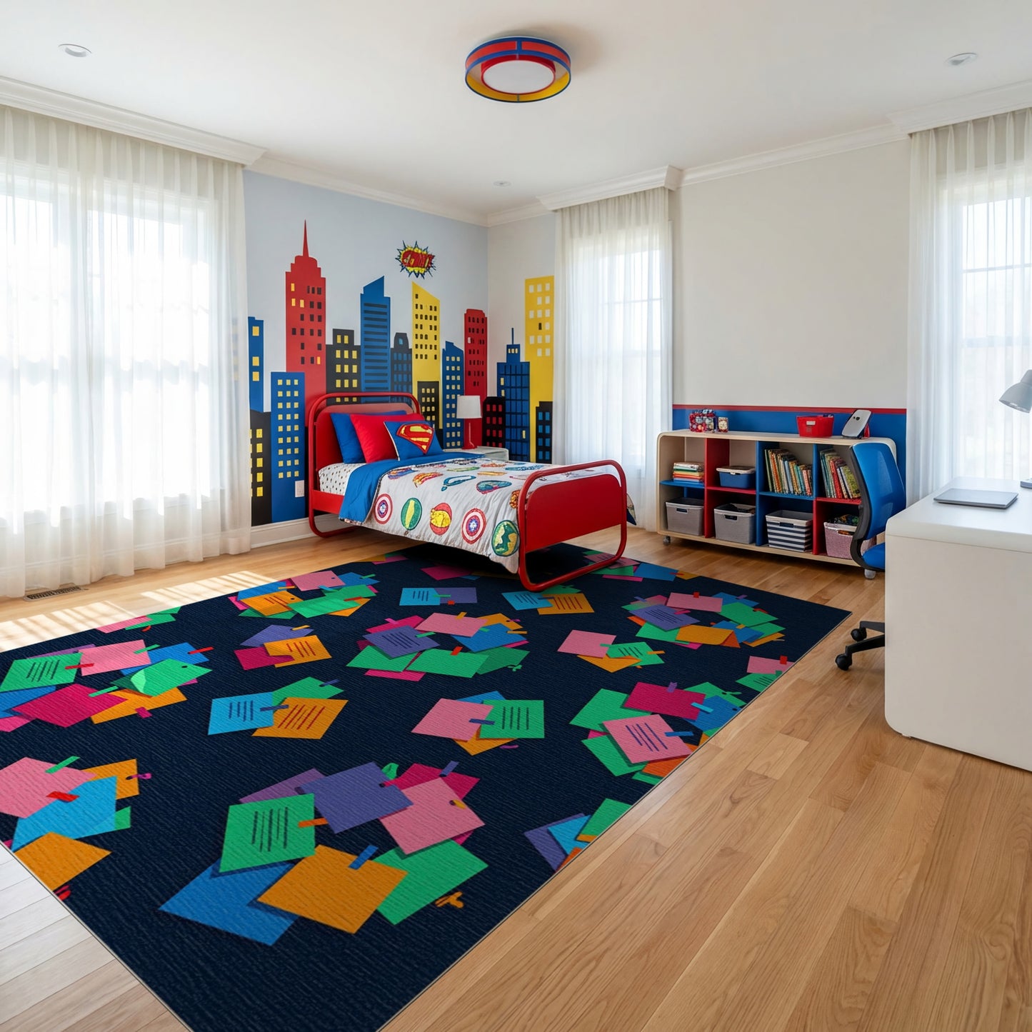 Whimsical Multicolor Sticky Notes Navy Rug