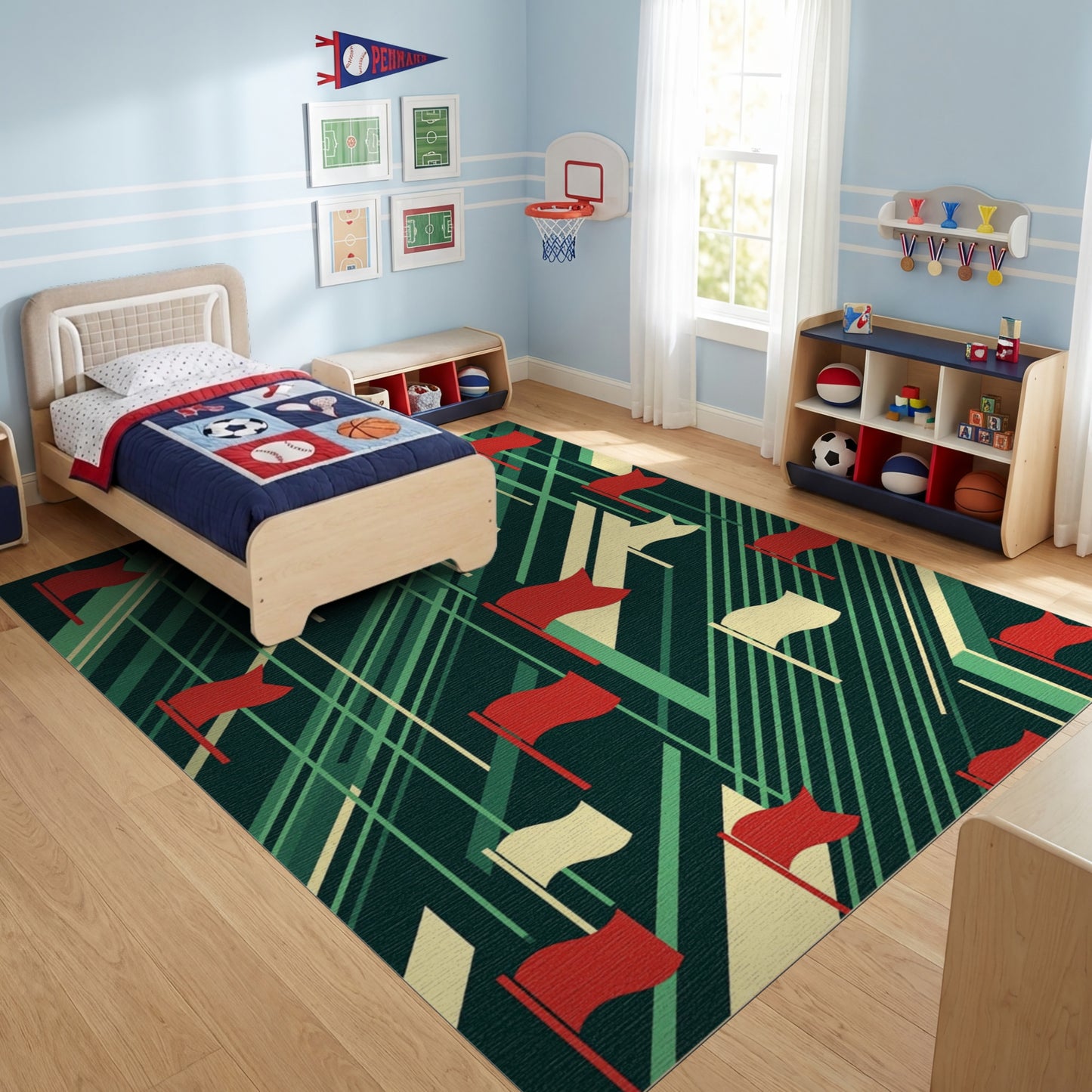 Geometric Red White Flags Diagonal Green Rug