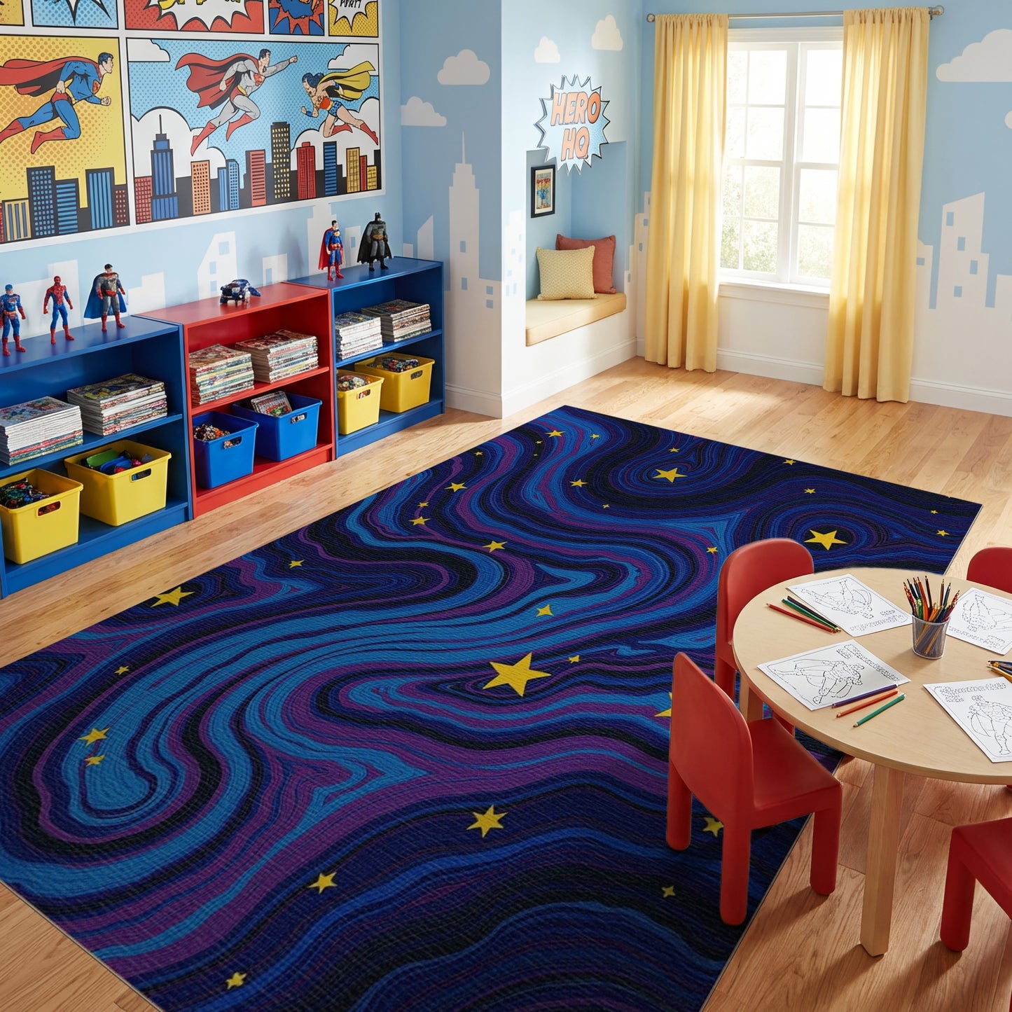 Swirling Yellow Stars Deep Blue Rug 2