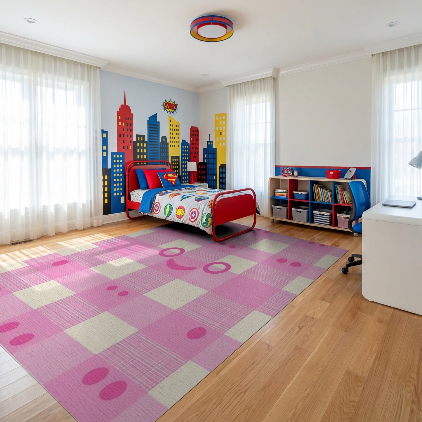 Pink White Gingham Kawaii Faces Rug