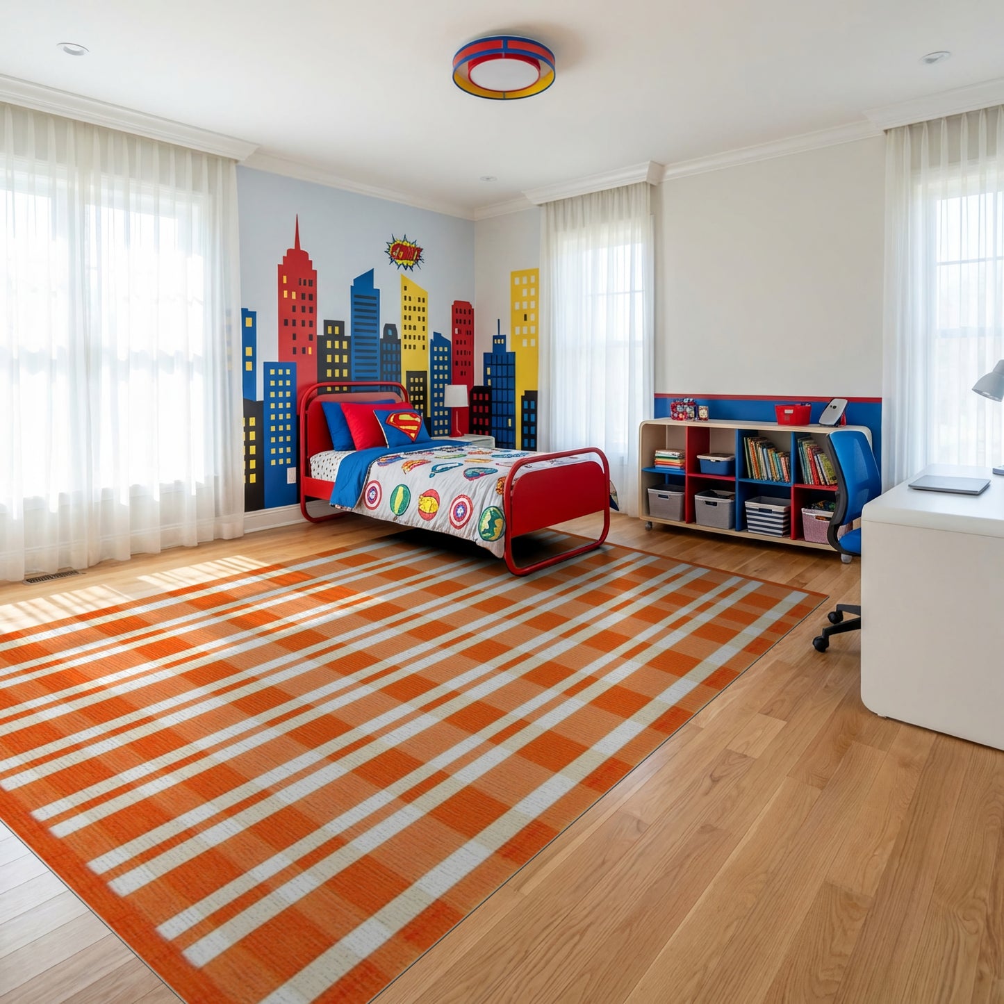 Bold Orange White Checkered Pattern Rug