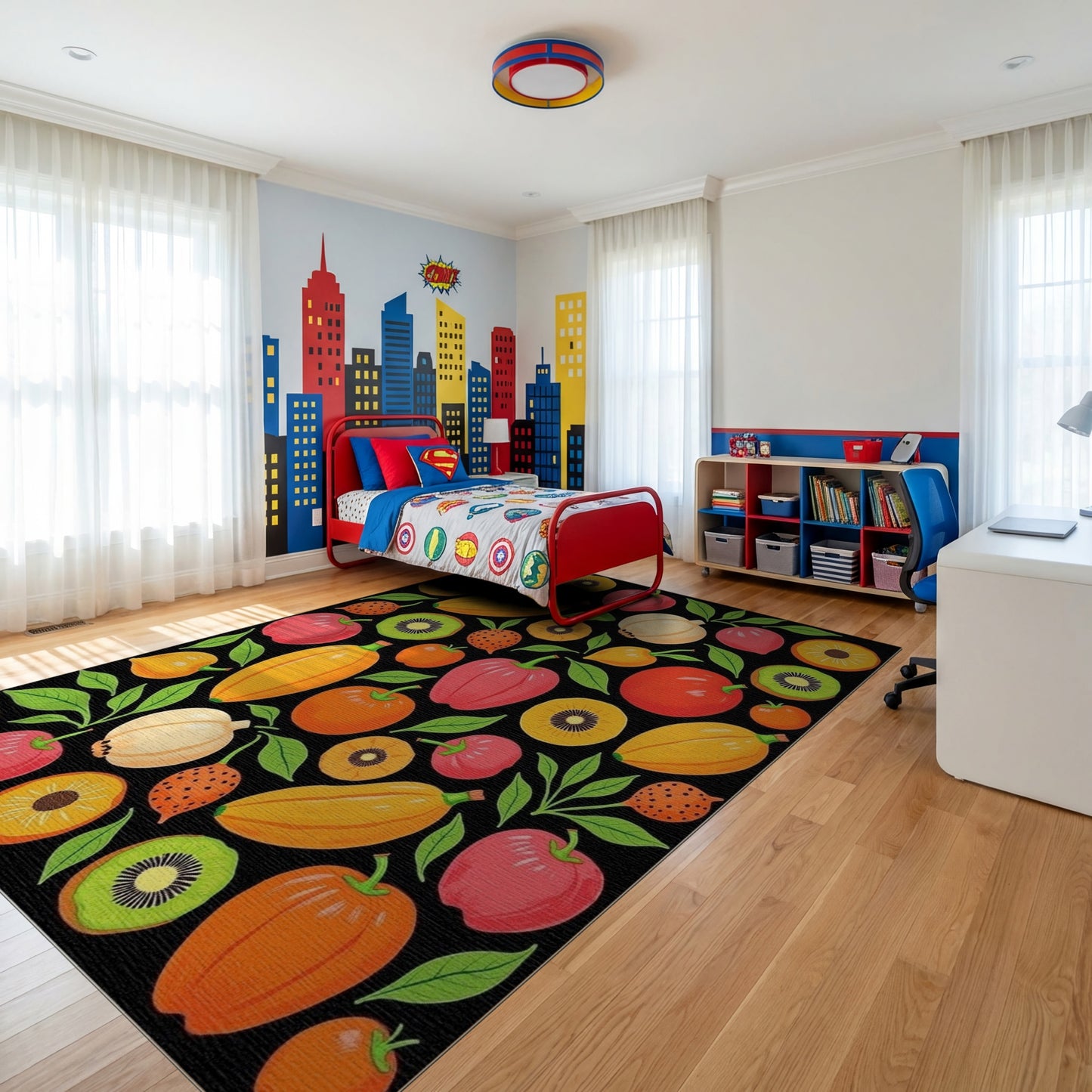 Vibrant Whimsical Fruits Vegetables Leaves Rug