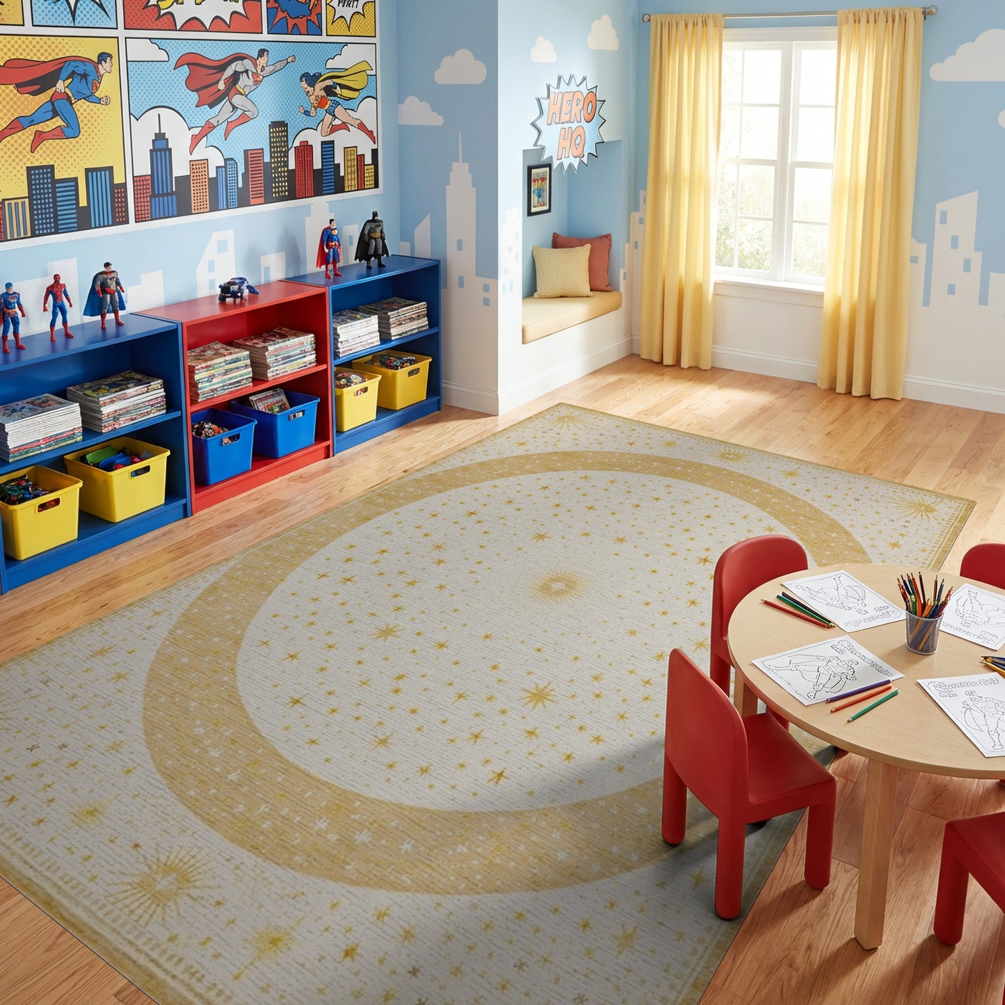 Golden Sunburst Stars Circle Rug