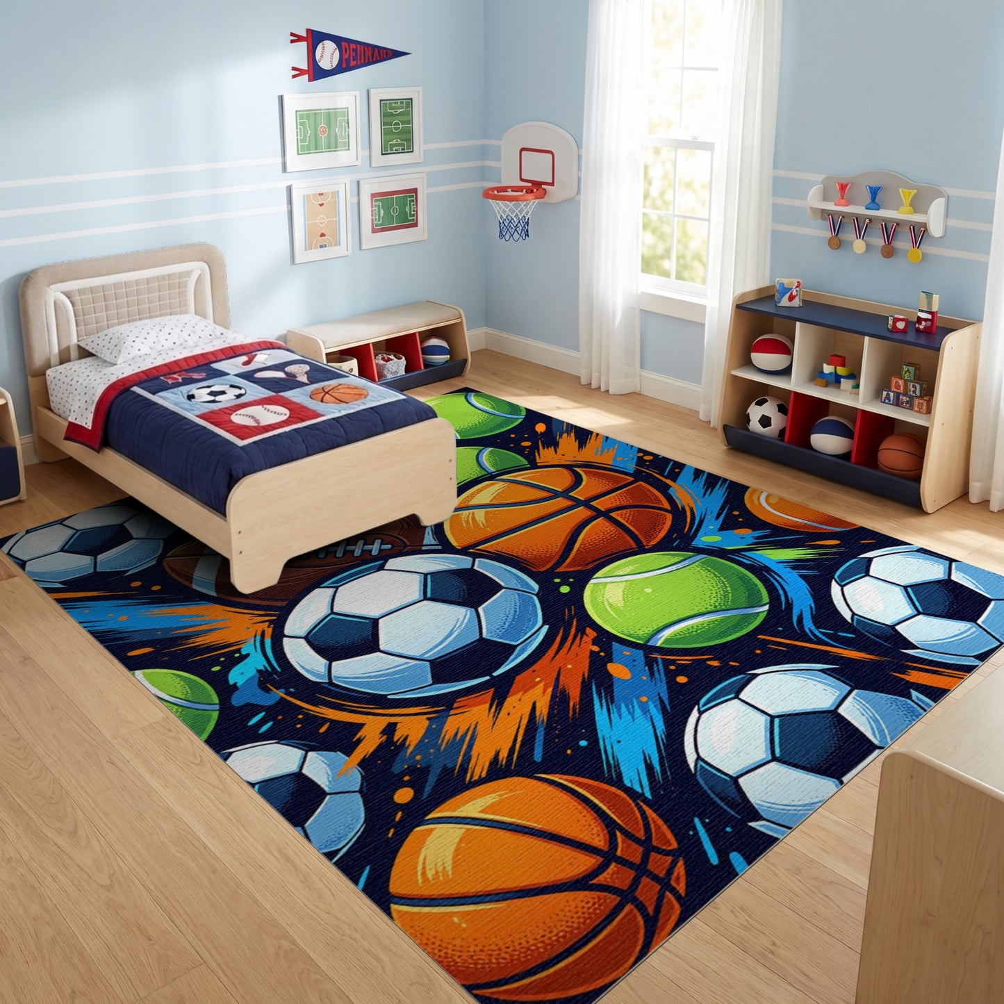 Vibrant Sports Balls Dynamic Splash Rug