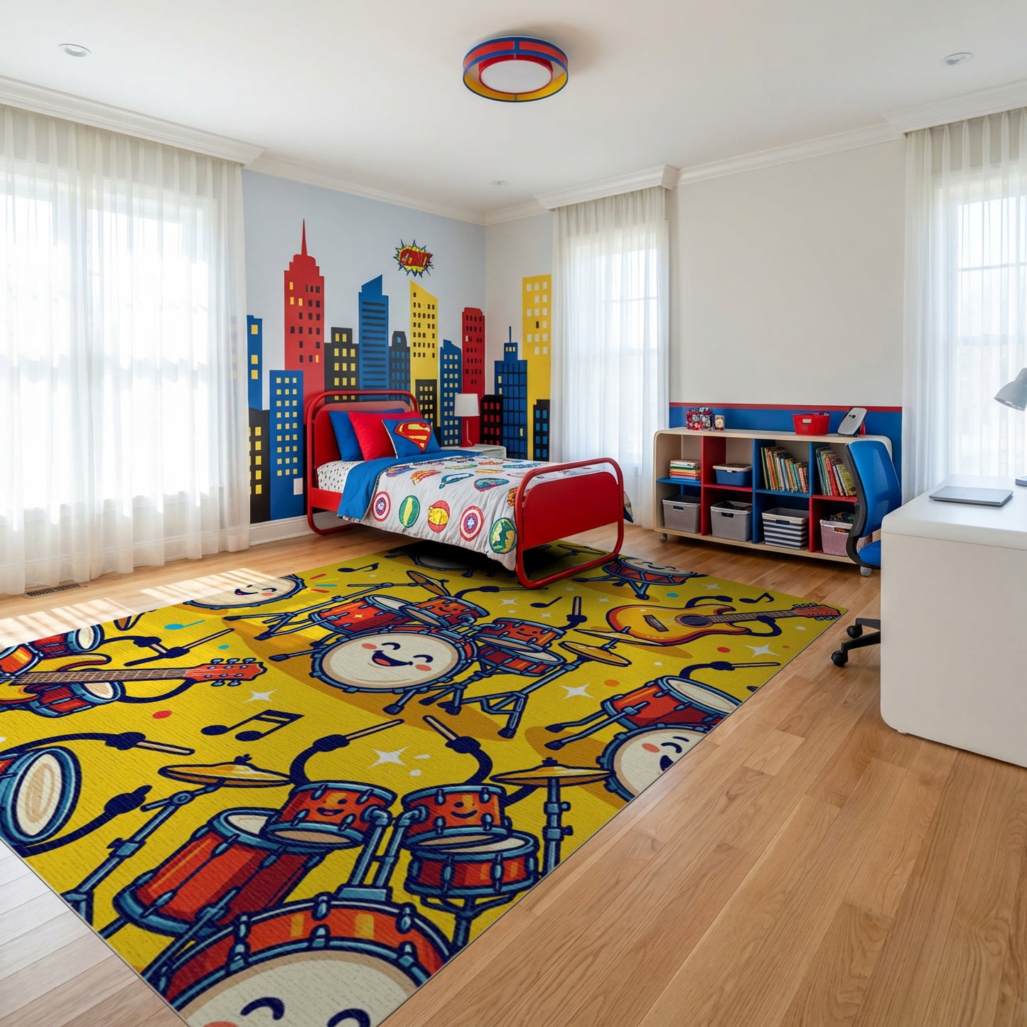 Playful Smiling Drums Guitars Notes Rug