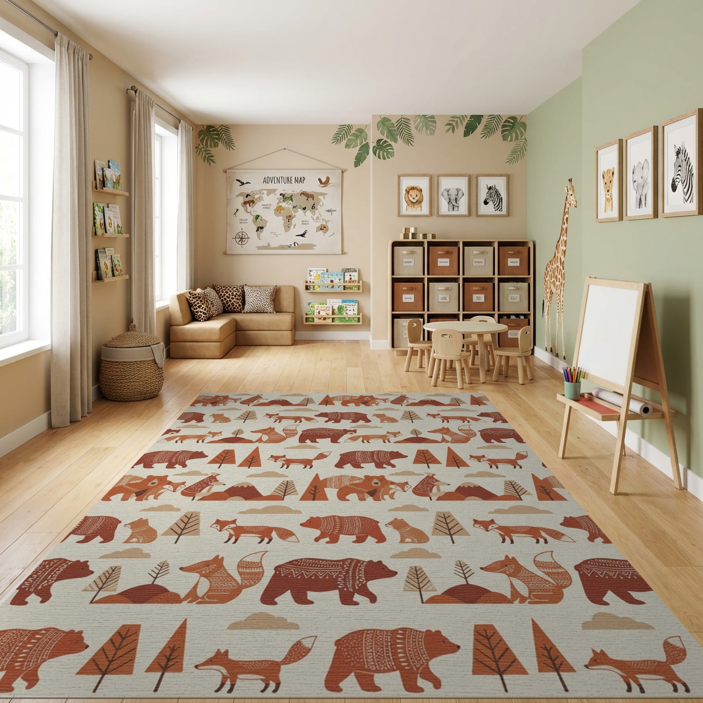 Whimsical Rust Fox Bear Forest Rug