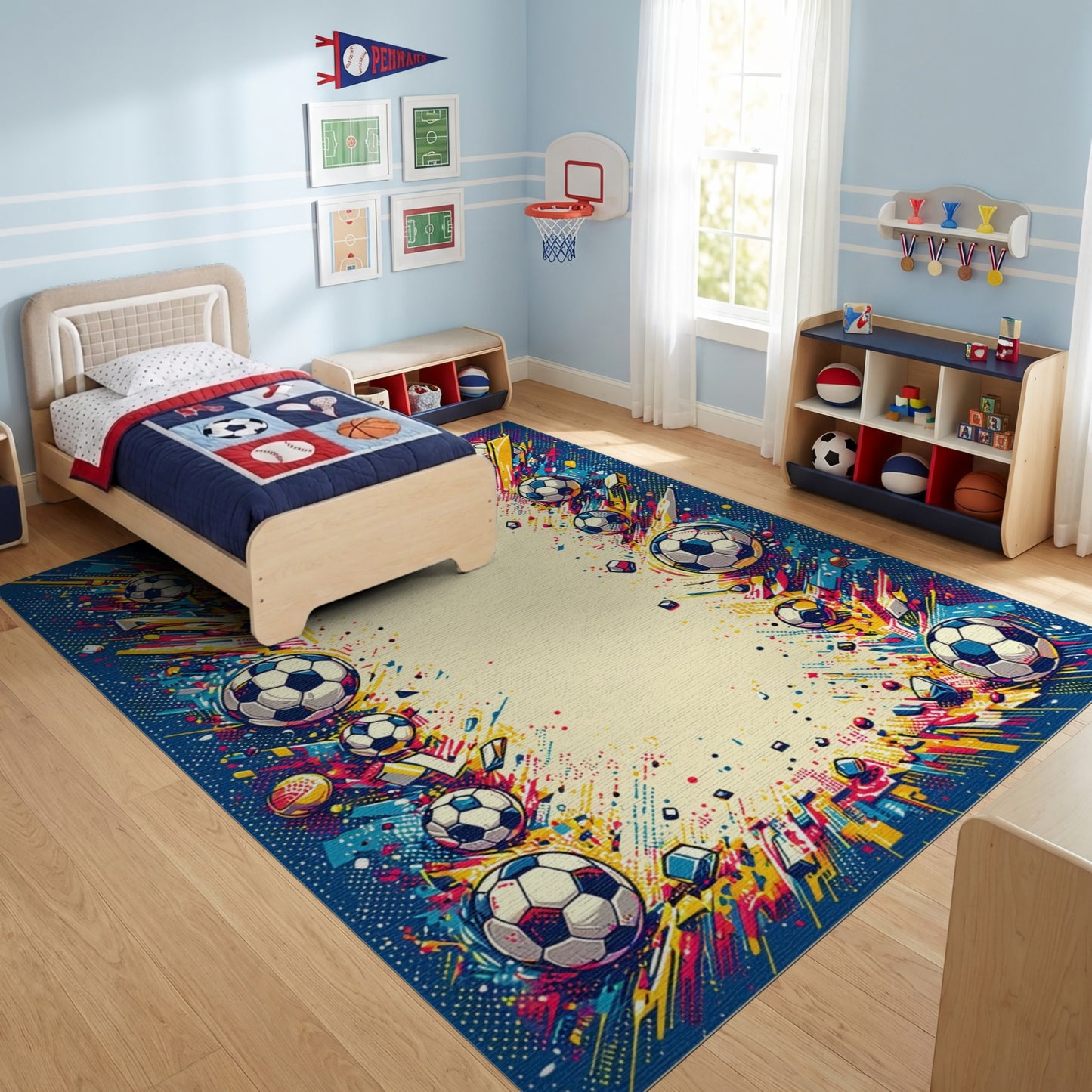 Vibrant Explosive Soccer Balls Rug