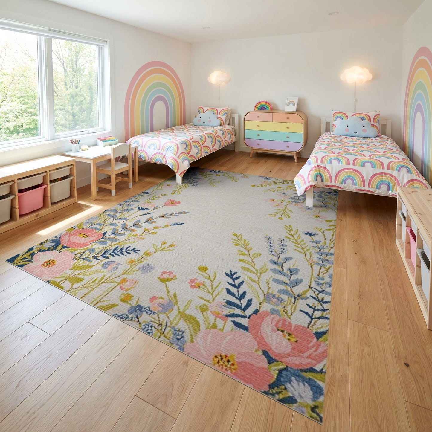 Delicate Blush Blue Floral Vine Rug