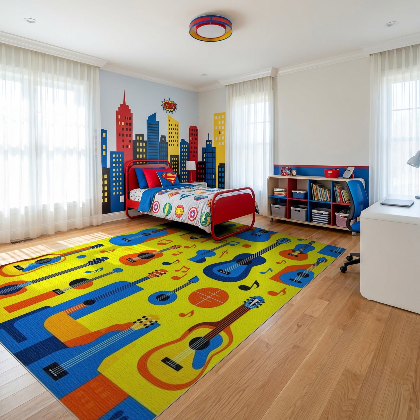 Vibrant Blue Orange Guitars Notes Rug