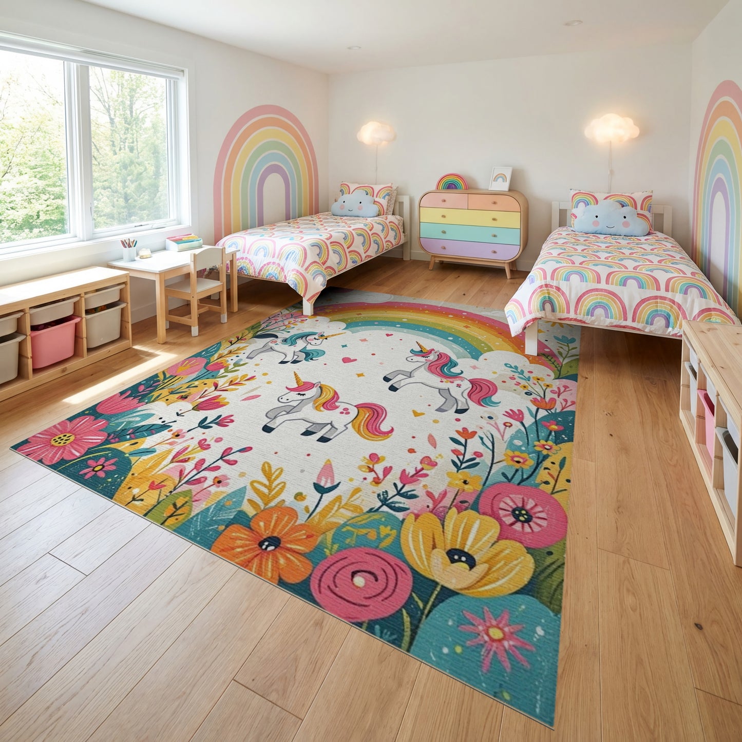 Whimsical Rainbow Unicorns Floral Rug