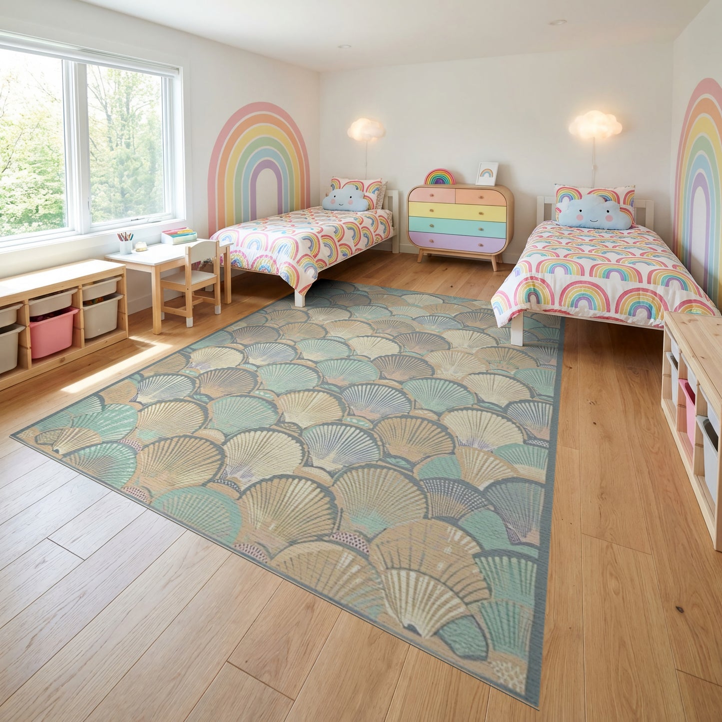 Teal Cream Scalloped Seashell Coastal Rug