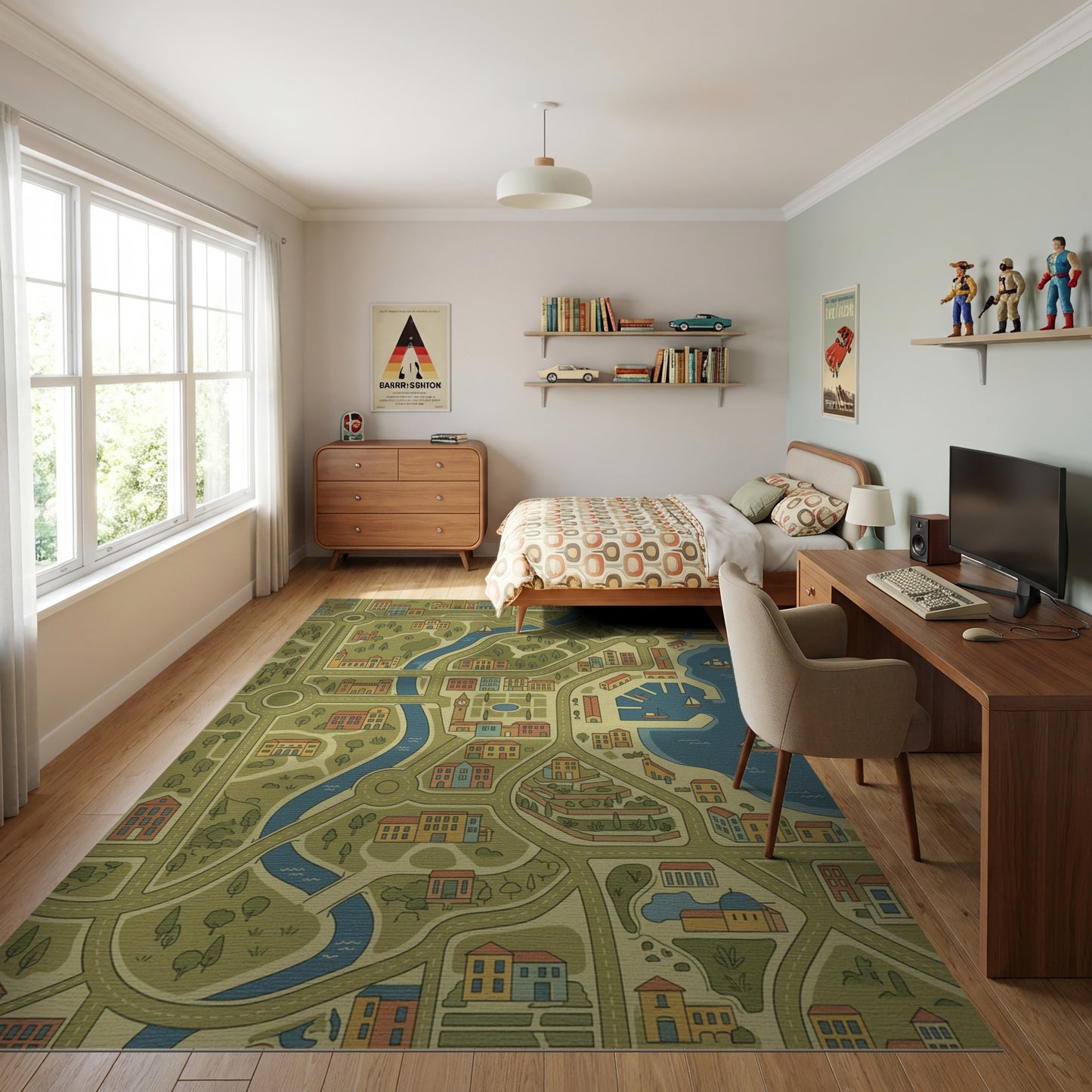 Whimsical Riverside Harbor Town Rug