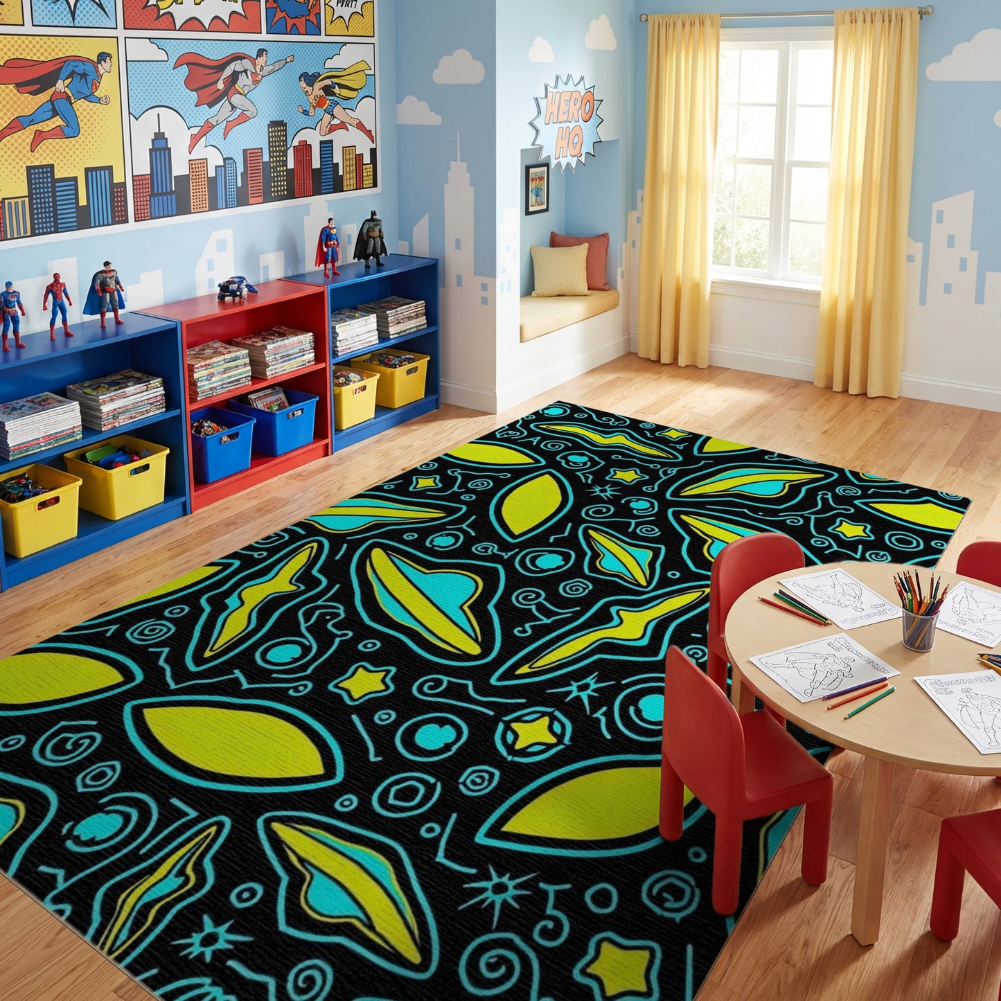 Black Yellow Teal UFO Stars Whimsical Rug