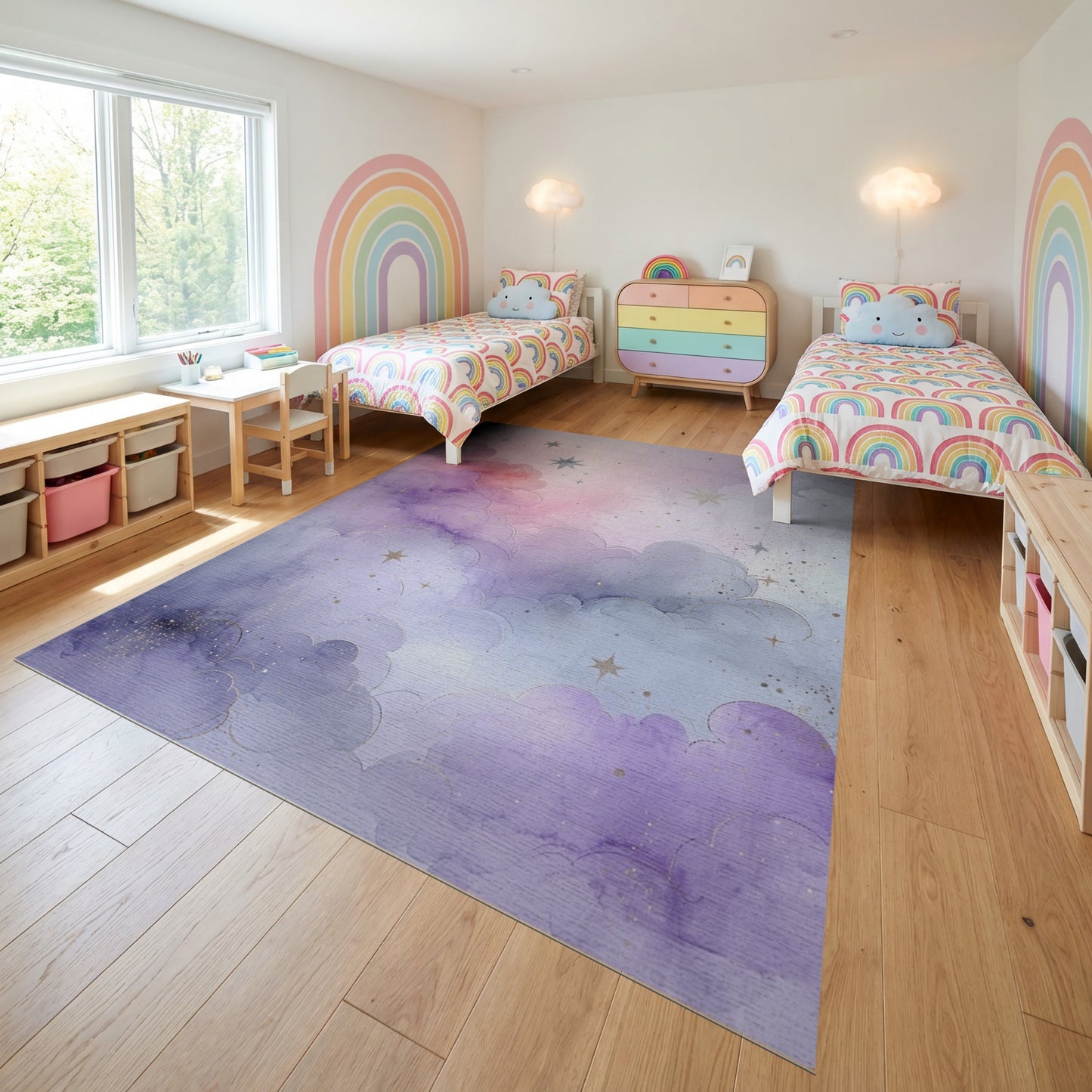 Dreamy Pastel Clouds Golden Stars Rug