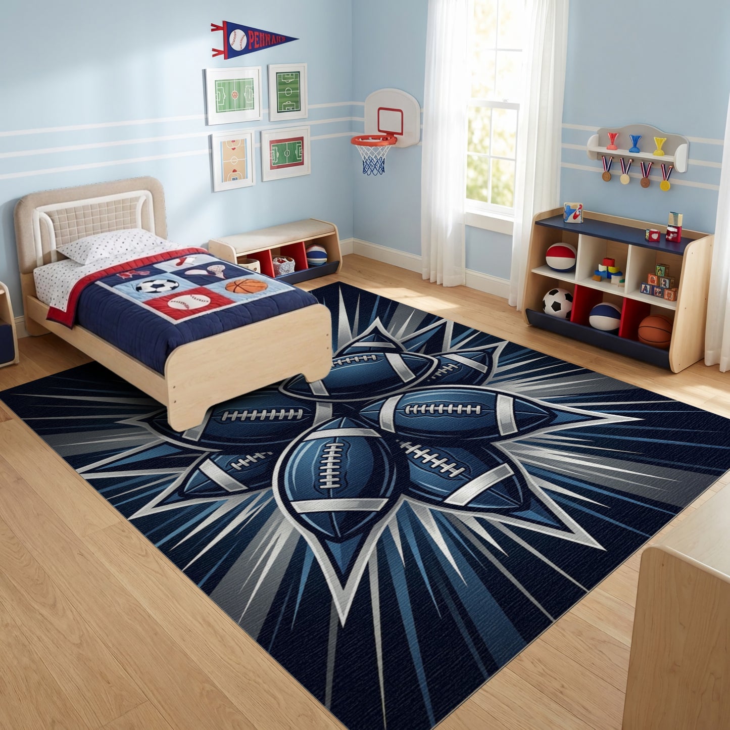 Dynamic Navy Football Starburst Rug
