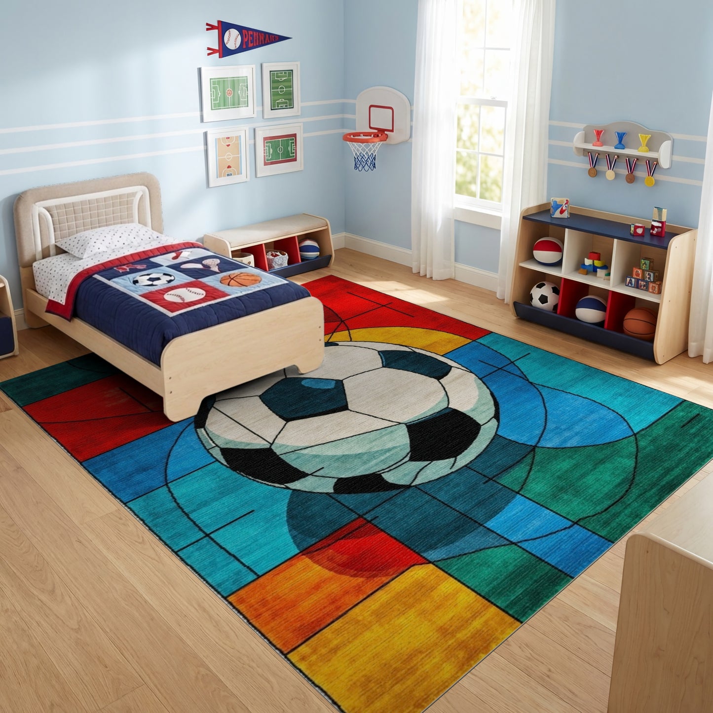 Vibrant Geometric Soccer Ball Rug