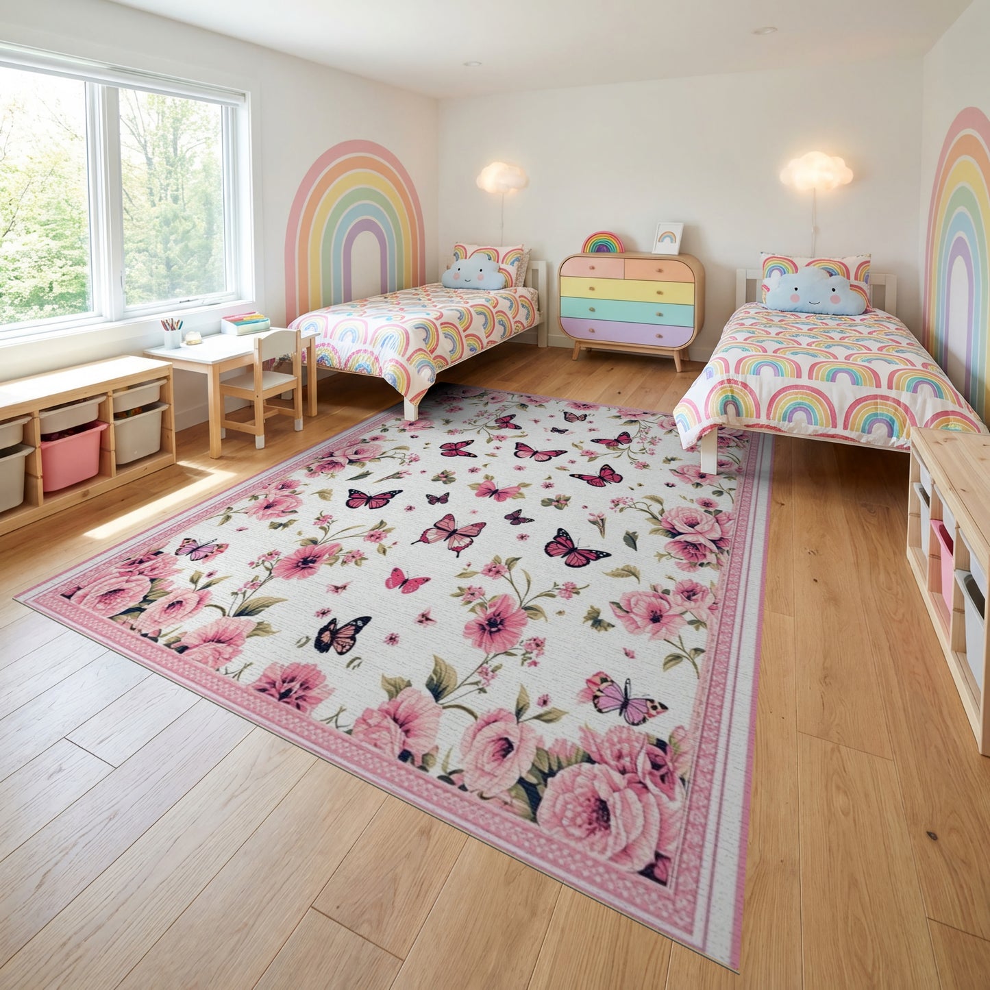 Romantic Pink Roses Butterflies Rug