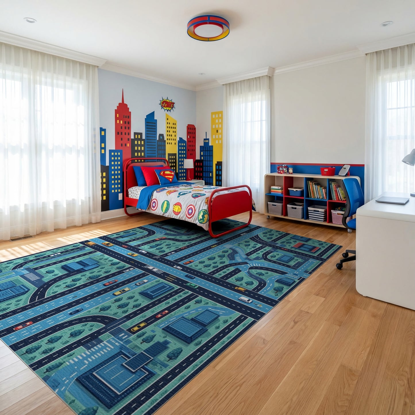 Stylized Teal City Road Map Rug