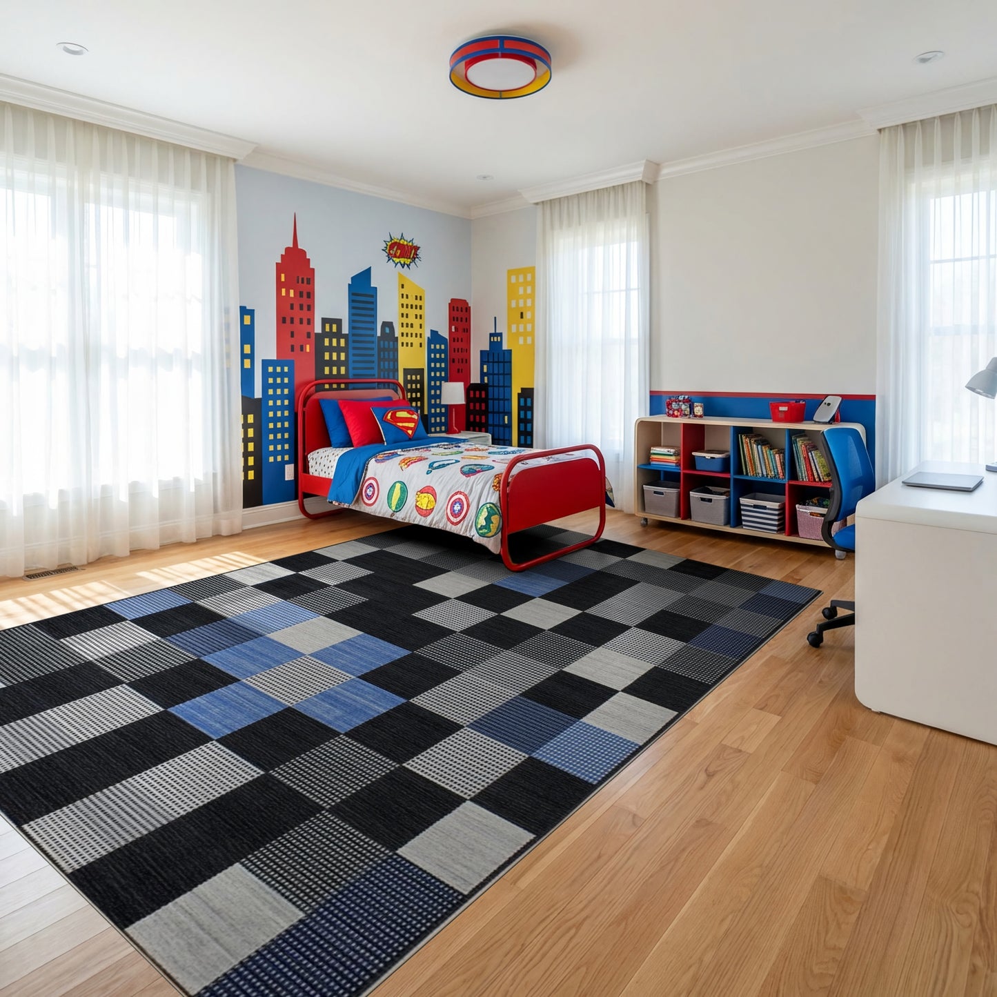 Modern Black White Blue Checkered Patchwork Rug