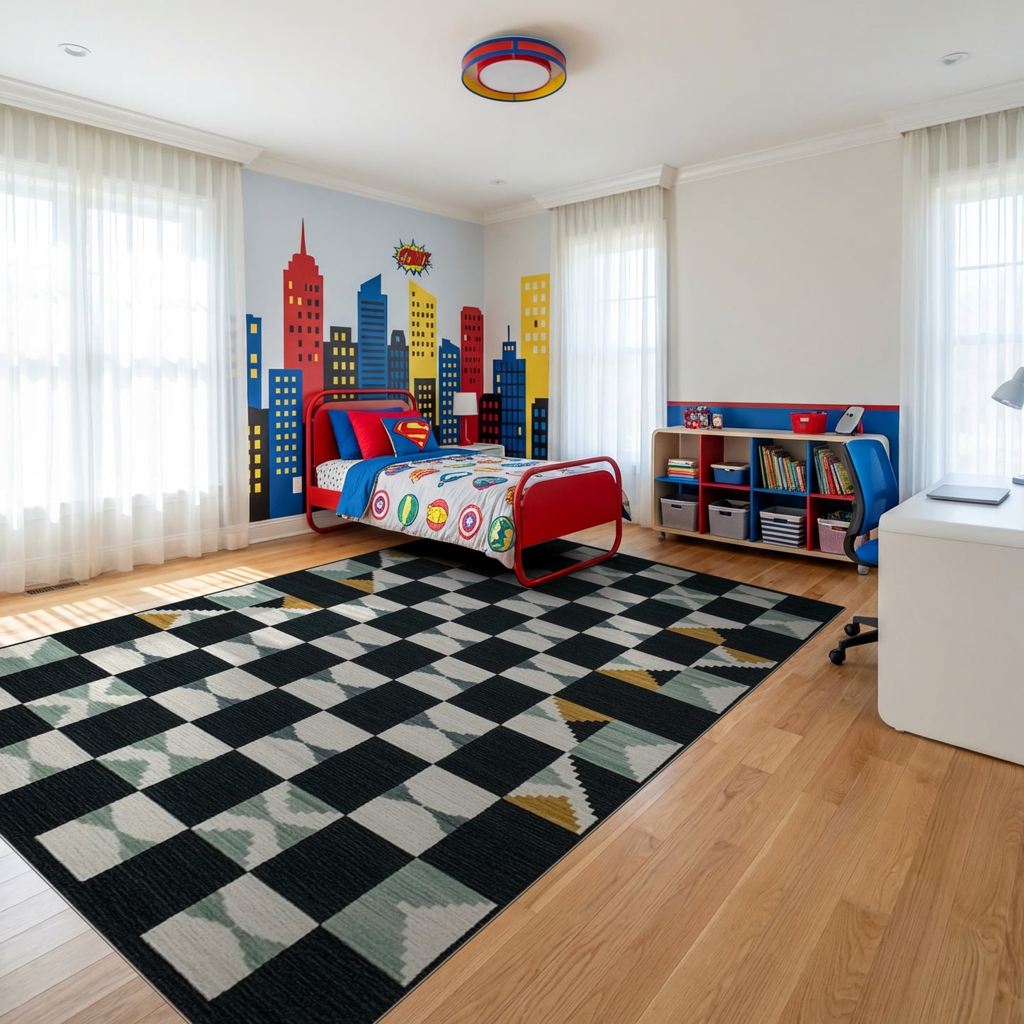 Modern Black Teal Geometric Diamond Rug