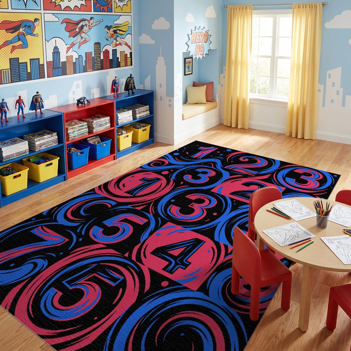 Bold Pink Blue Swirling Numbers Rug
